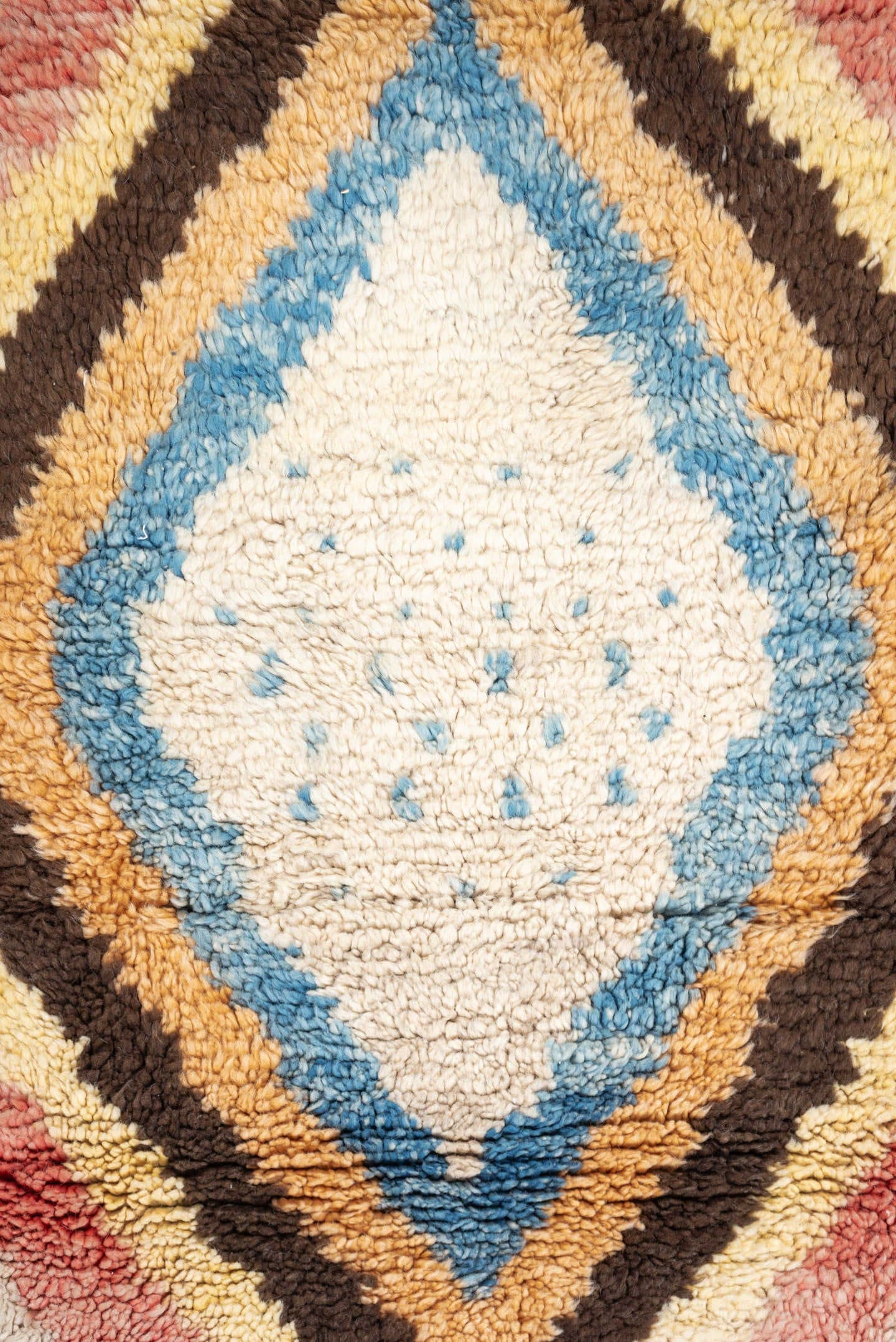 4' x 6' one-of-a-kind handmade vintage Tulu small size rug. Color palette: ivory, rose, brown, sky_blue, peach, gold, taupe