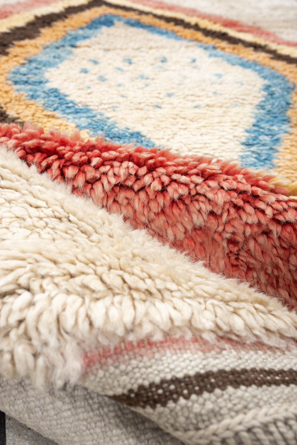 4' x 6' one-of-a-kind handmade vintage Tulu small size rug. Color palette: ivory, rose, brown, sky_blue, peach, gold, taupe