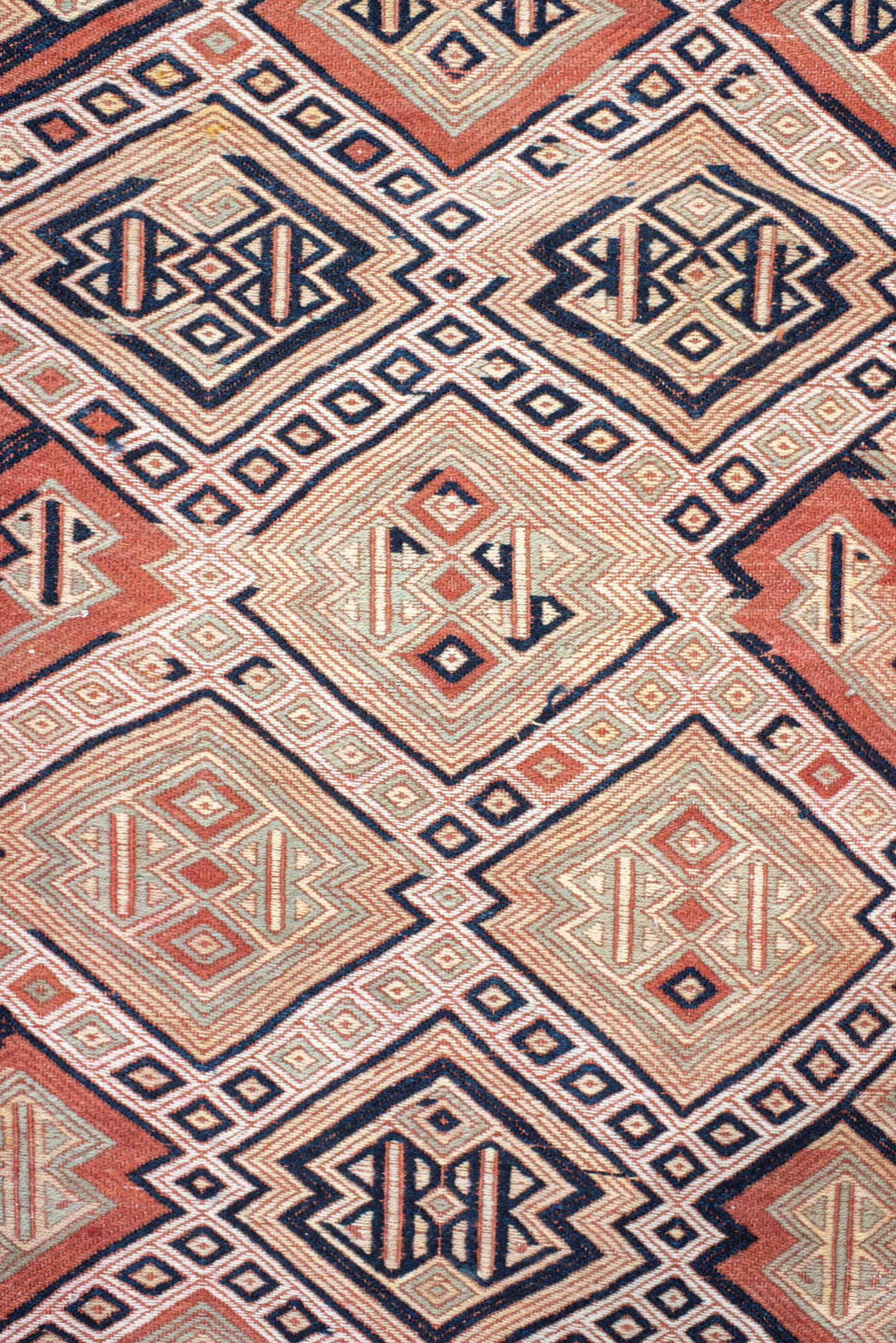 2' x 12' one-of-a-kind handmade vintage Jijim runner rug. Color palette: ivory, terra cotta, charcoal, rust, camel