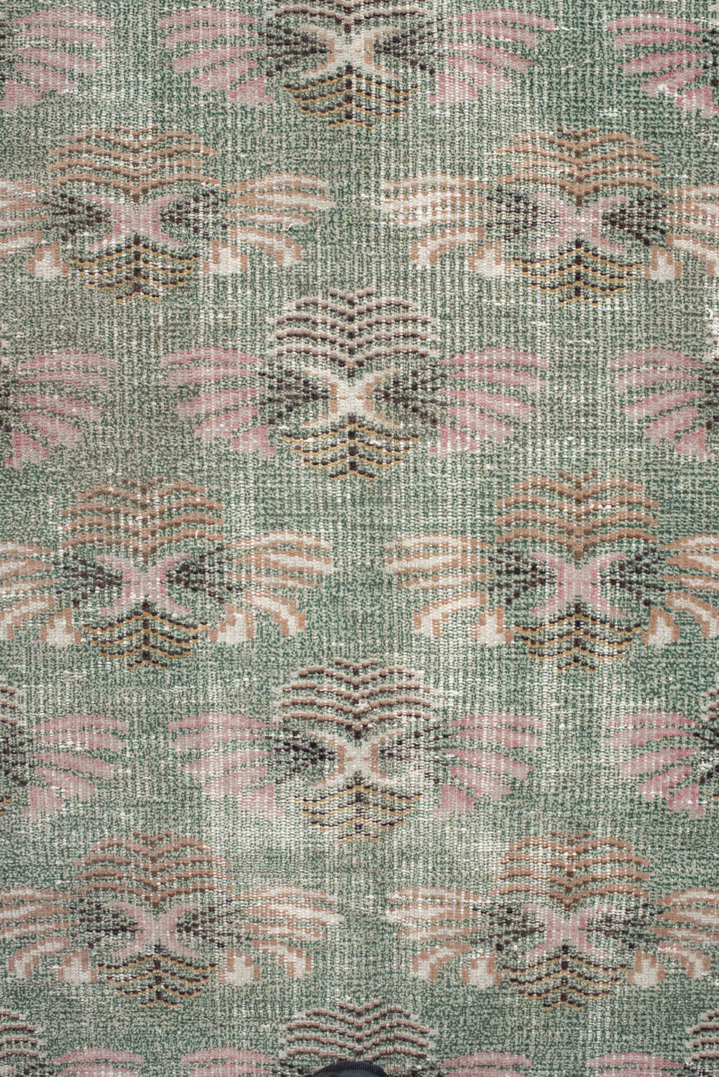 6' x 8' one-of-a-kind handmade antique Sparta medium size rug. Color palette: sage, blush, ivory, taupe, charcoal, peach