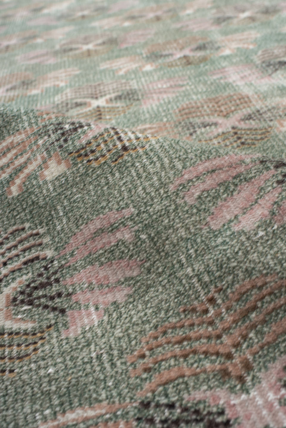 6' x 8' one-of-a-kind handmade antique Sparta medium size rug. Color palette: sage, blush, ivory, taupe, charcoal, peach