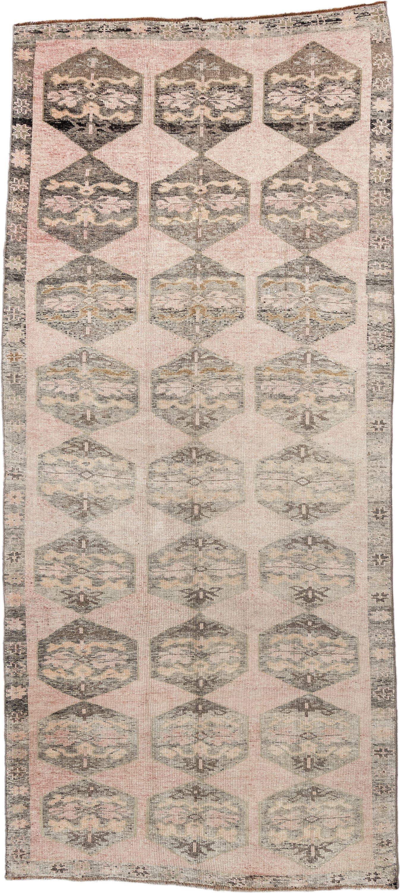 4' x 9' one-of-a-kind handmade vintage Kars runner rug. Color palette: blush, gray, ivory, taupe, charcoal, beige, pink