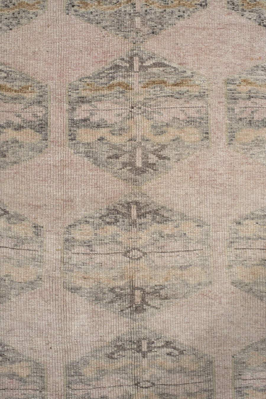 4' x 9' one-of-a-kind handmade vintage Kars runner rug. Color palette: blush, gray, ivory, taupe, charcoal, beige, pink