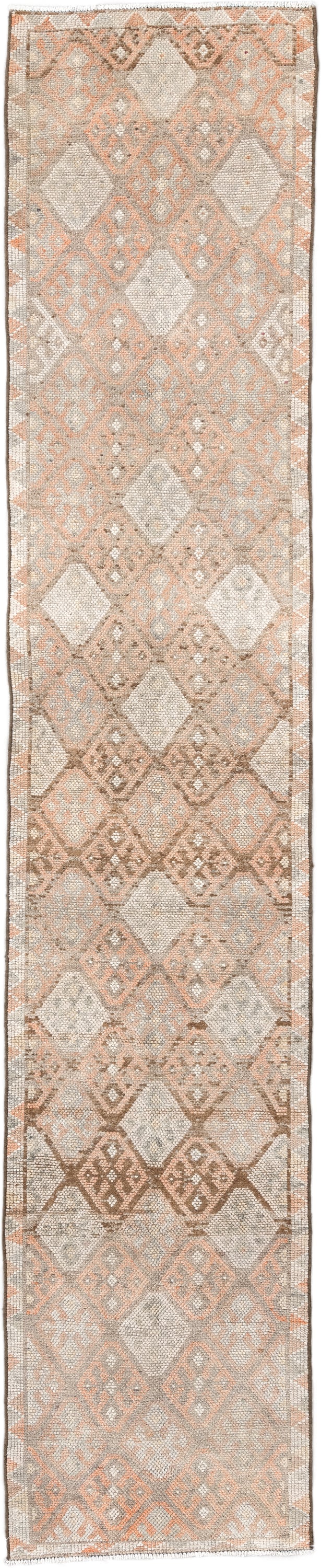 2' x 13' one-of-a-kind handmade vintage Kars runner rug. Color palette: ivory, taupe, blush, camel, sand, brown, beige, gray