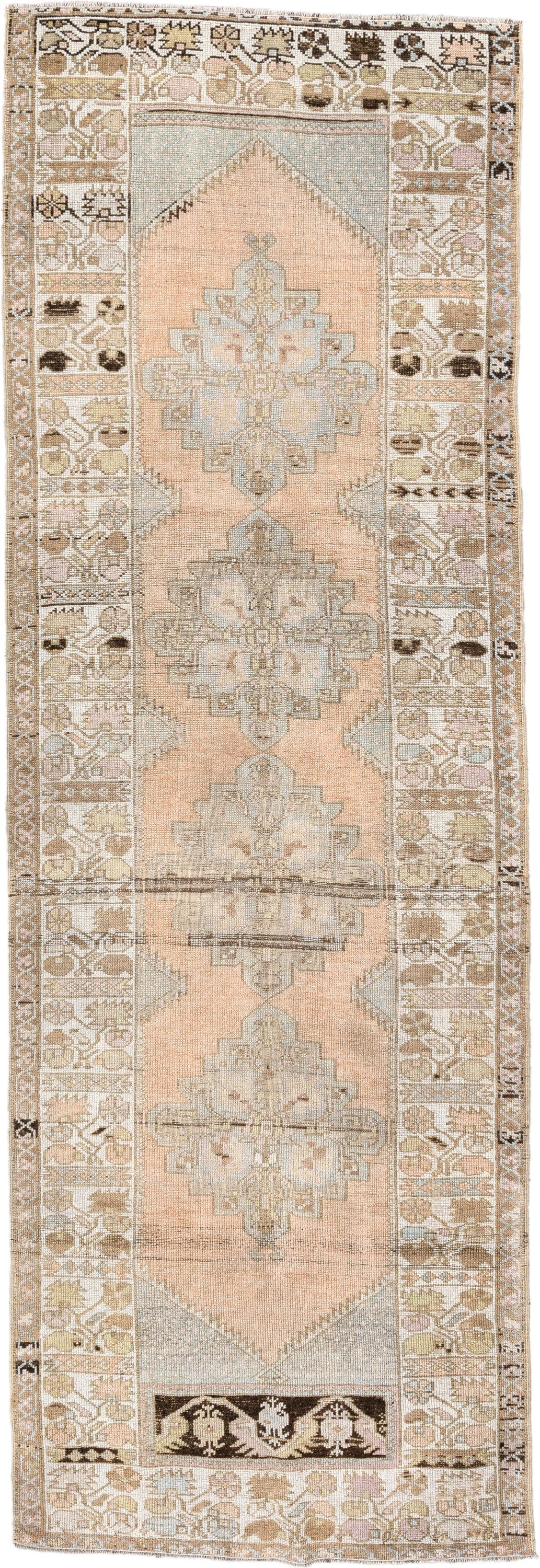 3' x 10' one-of-a-kind handmade vintage Oushak runner rug. Color palette: peach, ivory, taupe, sage, camel, charcoal, cream