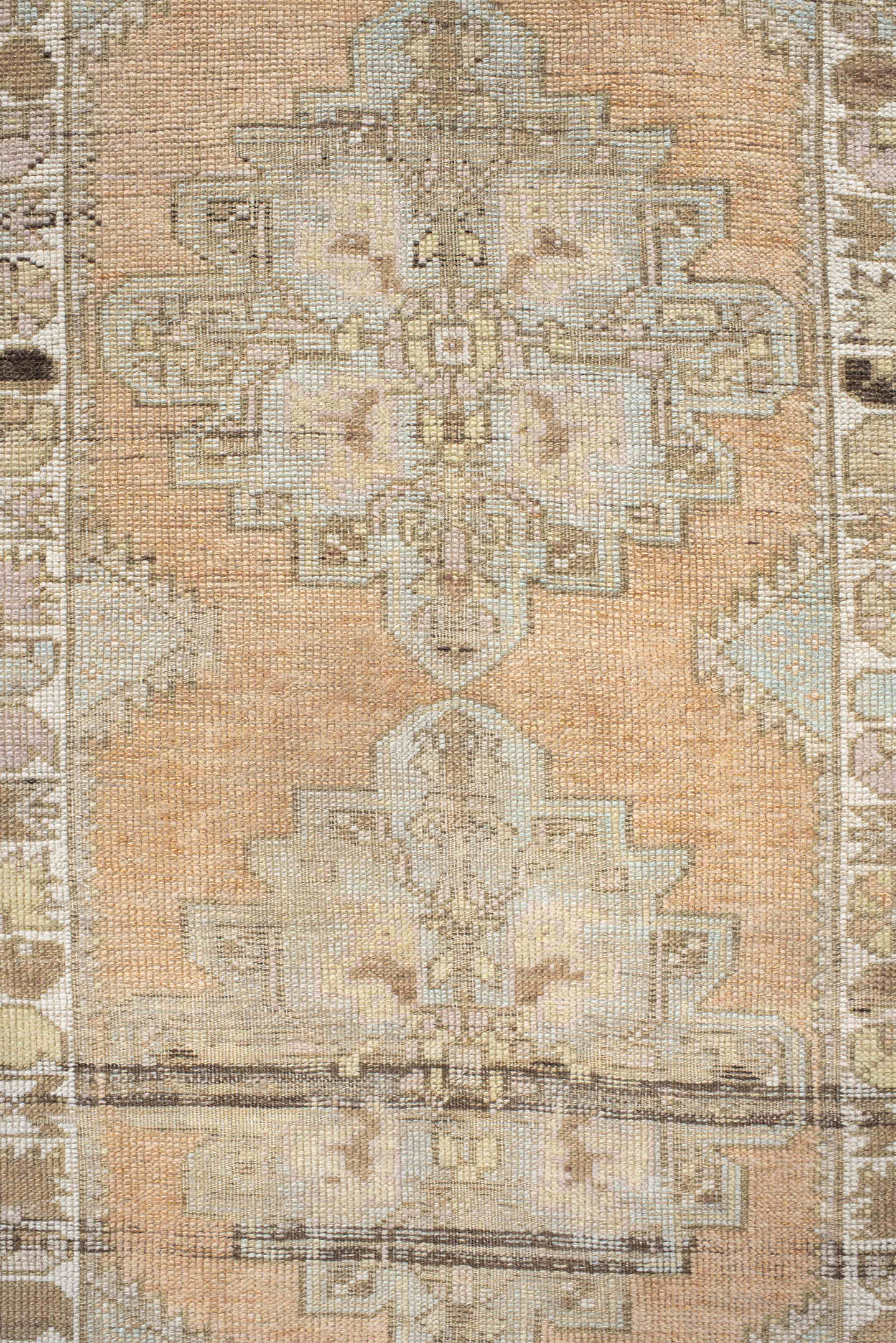 3' x 10' one-of-a-kind handmade vintage Oushak runner rug. Color palette: peach, ivory, taupe, sage, camel, charcoal, cream