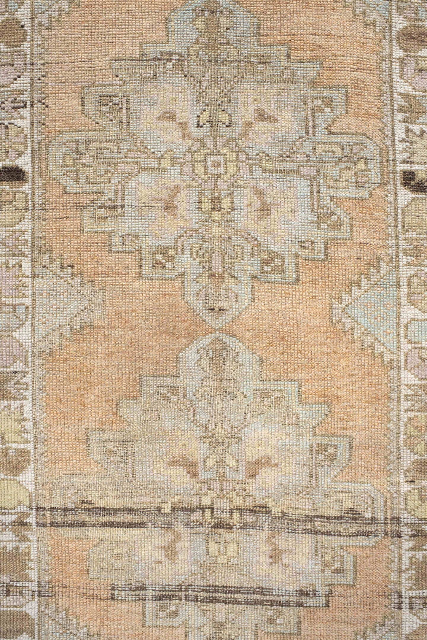 3' x 10' one-of-a-kind handmade vintage Oushak runner rug. Color palette: peach, ivory, taupe, sage, camel, charcoal, cream