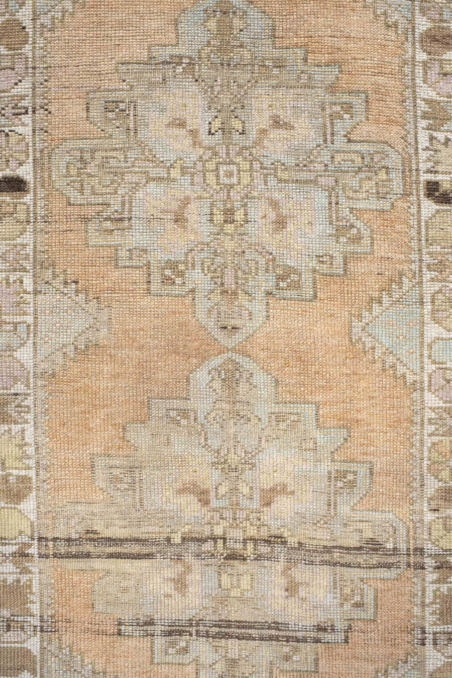 3' x 10' one-of-a-kind handmade vintage Oushak runner rug. Color palette: peach, ivory, taupe, sage, camel, charcoal, cream