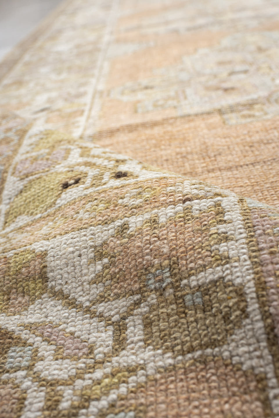 3' x 10' one-of-a-kind handmade vintage Oushak runner rug. Color palette: peach, ivory, taupe, sage, camel, charcoal, cream