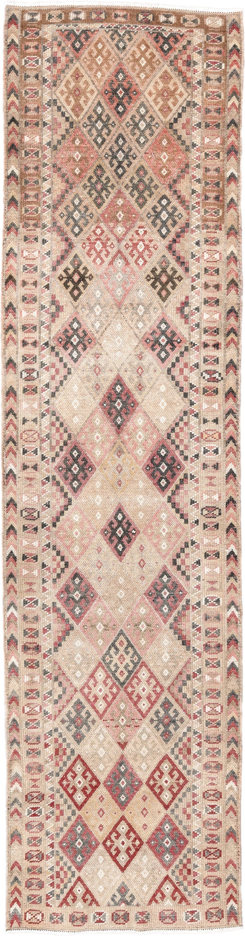 2' x 10' one-of-a-kind handmade vintage Kars runner rug. Color palette: ivory, rose, rust, charcoal, taupe, blush, pink, red