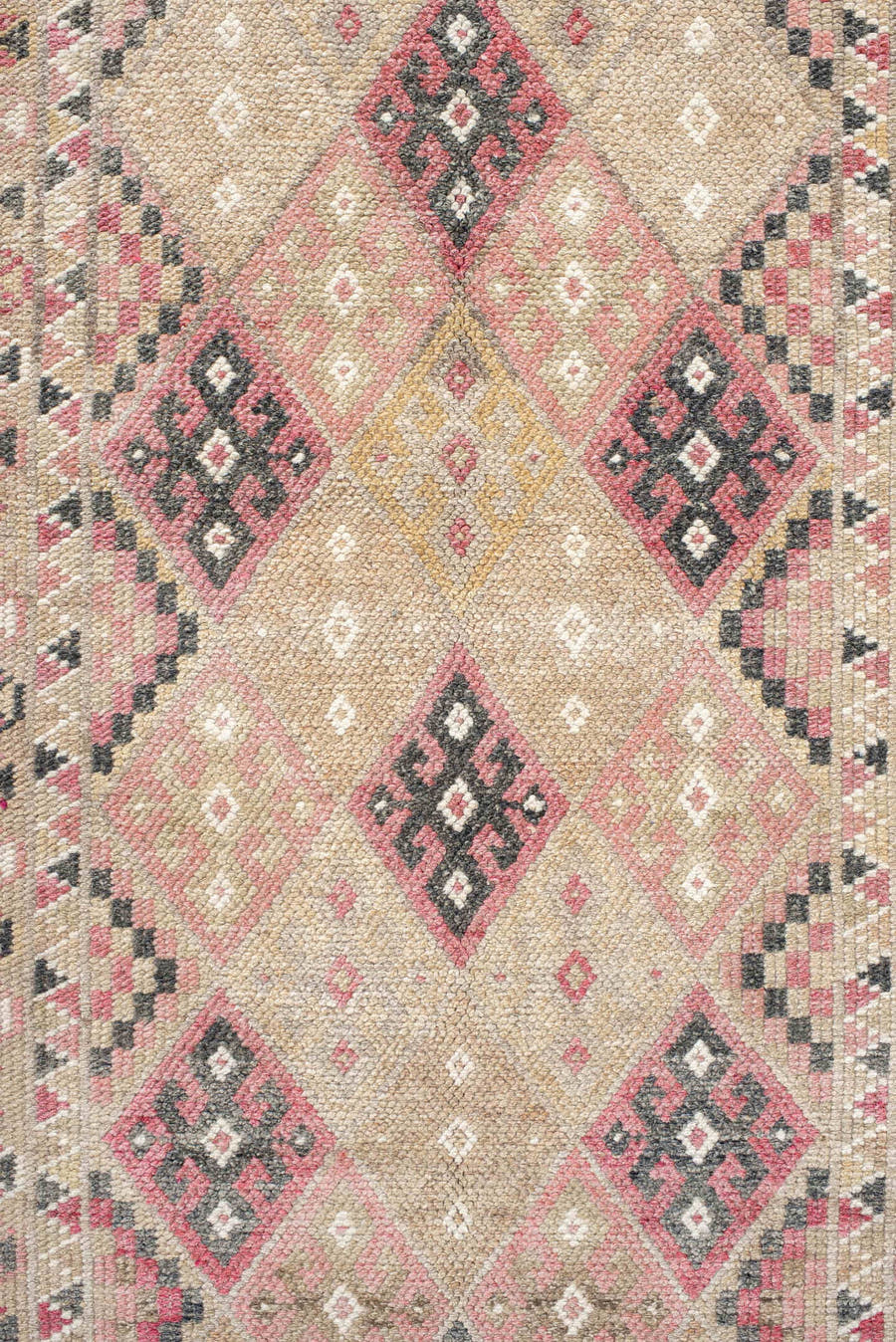 2' x 10' one-of-a-kind handmade vintage Kars runner rug. Color palette: ivory, rose, rust, charcoal, taupe, blush, pink, red