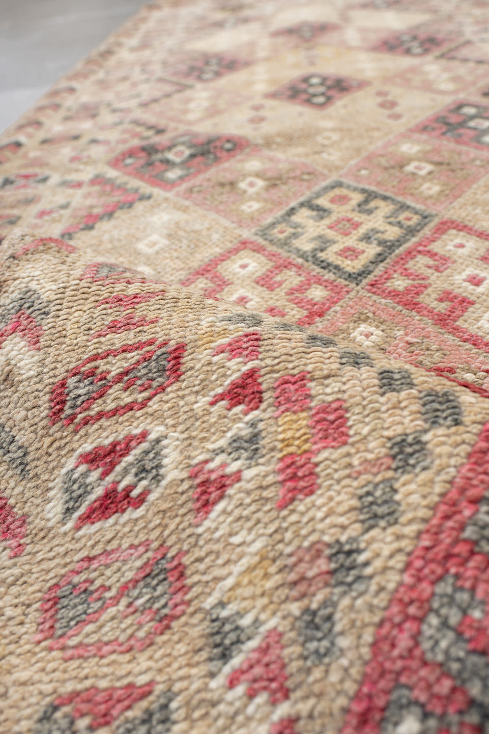 2' x 10' one-of-a-kind handmade vintage Kars runner rug. Color palette: ivory, rose, rust, charcoal, taupe, blush, pink, red