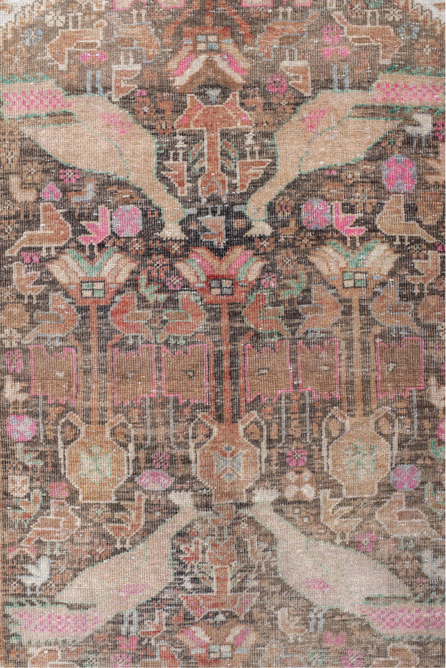 2' x 4' one-of-a-kind handmade vintage Belouch small size rug. Color palette: brown, gray, light gray, off-white, pink