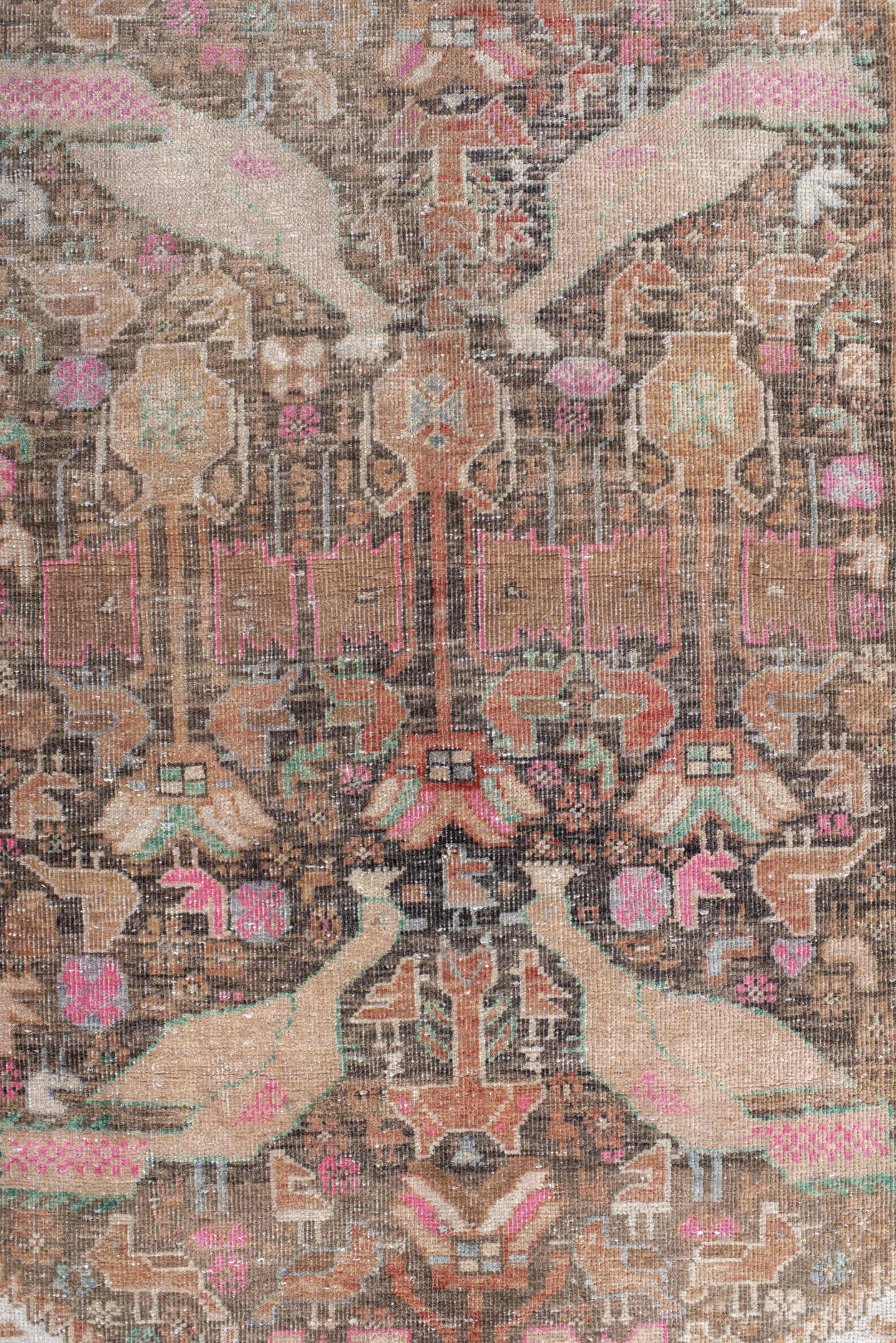 2' x 4' one-of-a-kind handmade vintage Belouch small size rug. Color palette: brown, ivory, camel, rose, aqua, taupe
