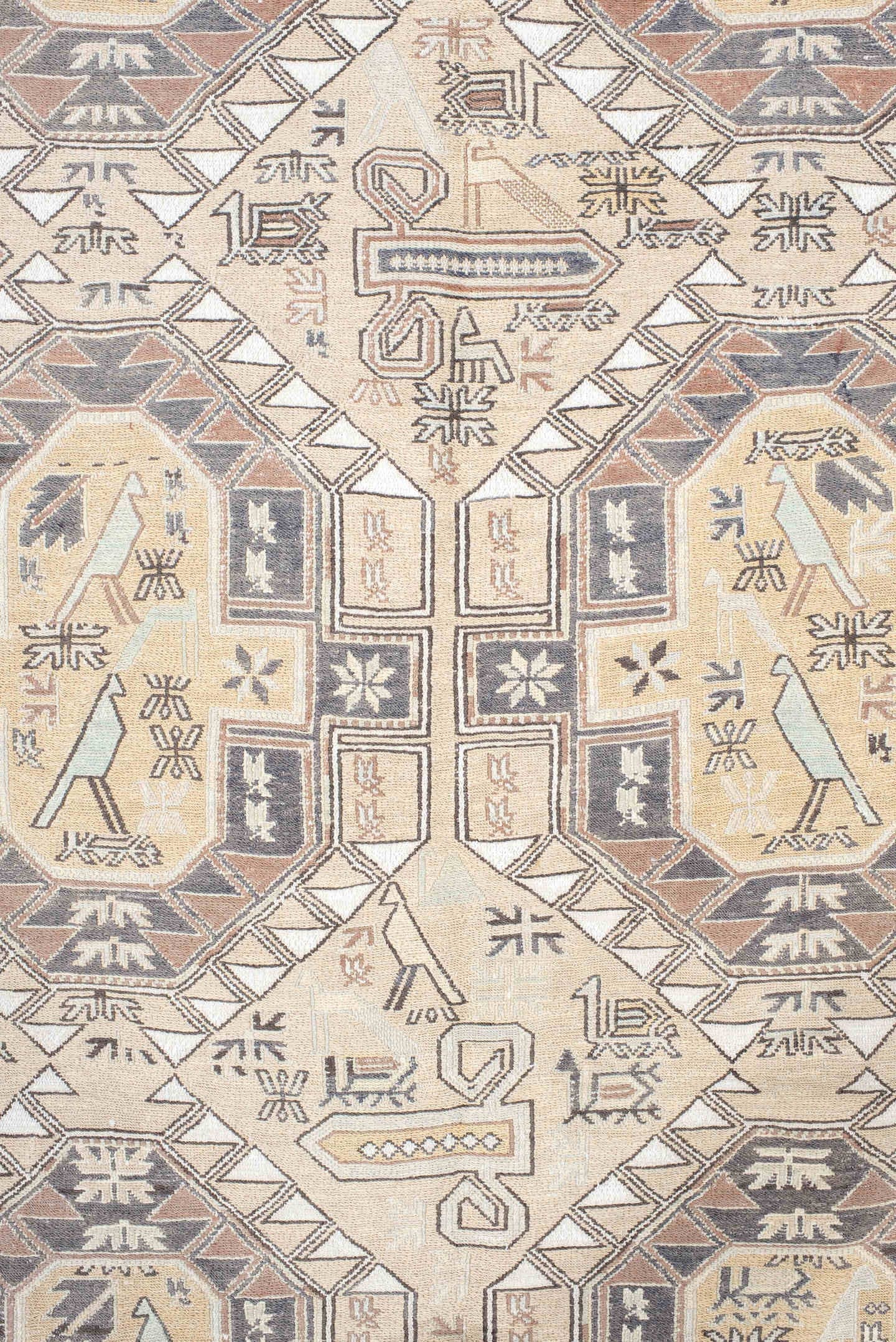 4' x 6' one-of-a-kind handmade antique Sumak small size rug. Color palette: ivory, taupe, slate, camel, blush, charcoal