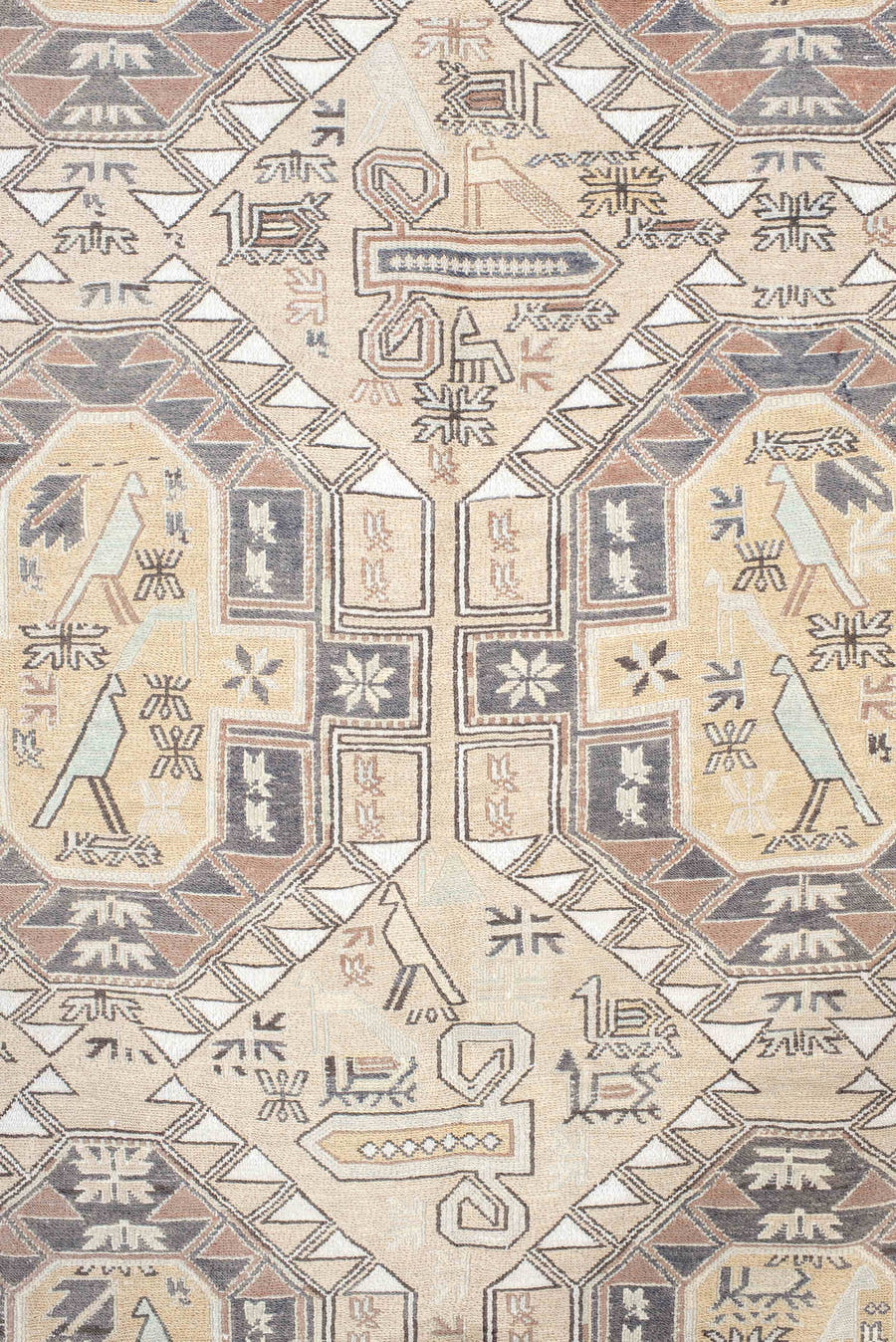 4' x 6' one-of-a-kind handmade antique Sumak small size rug. Color palette: ivory, taupe, slate, camel, blush, charcoal