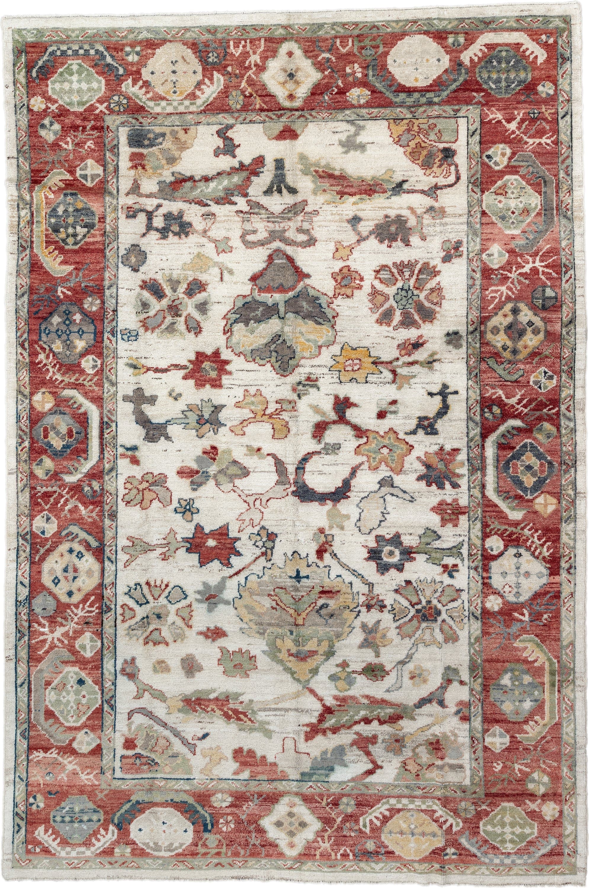 8' x 12' one-of-a-kind handmade vintage Oushak large size rug. Color palette: ivory, rust, sage, slate_blue, gold, coral
