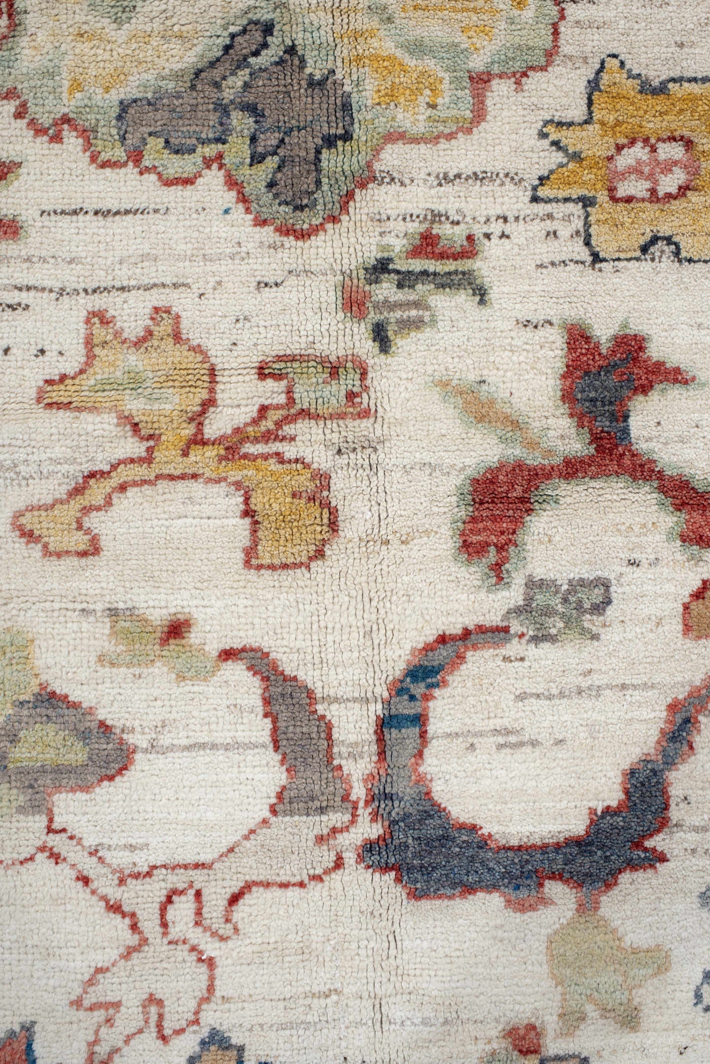 8' x 12' one-of-a-kind handmade vintage Oushak large size rug. Color palette: ivory, rust, sage, slate_blue, gold, coral