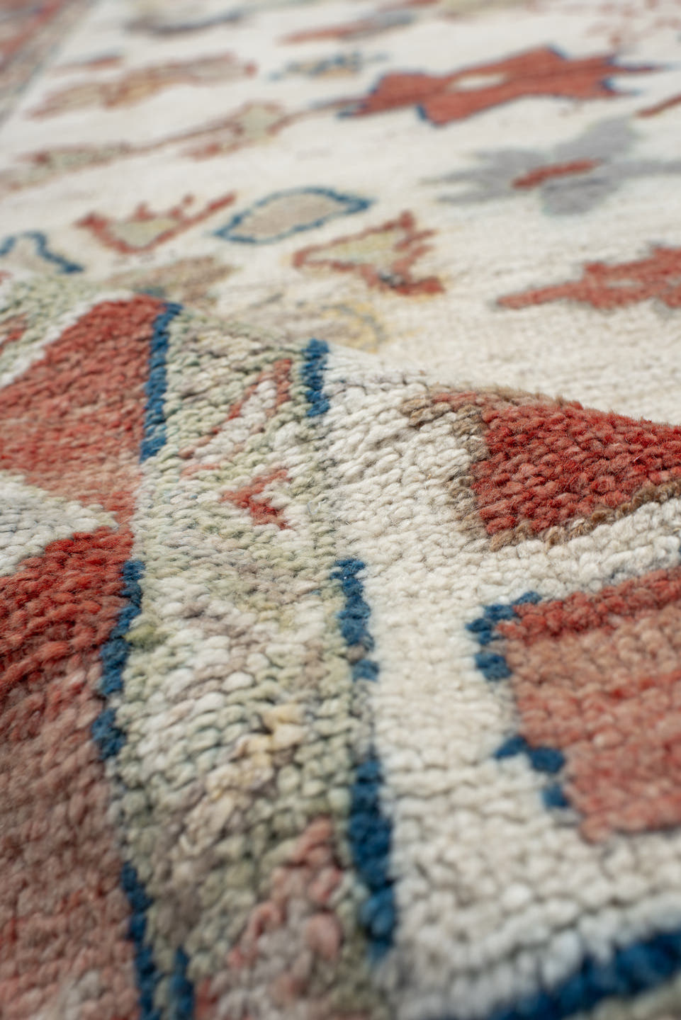 8' x 12' one-of-a-kind handmade vintage Oushak large size rug. Color palette: ivory, rust, sage, slate_blue, gold, coral
