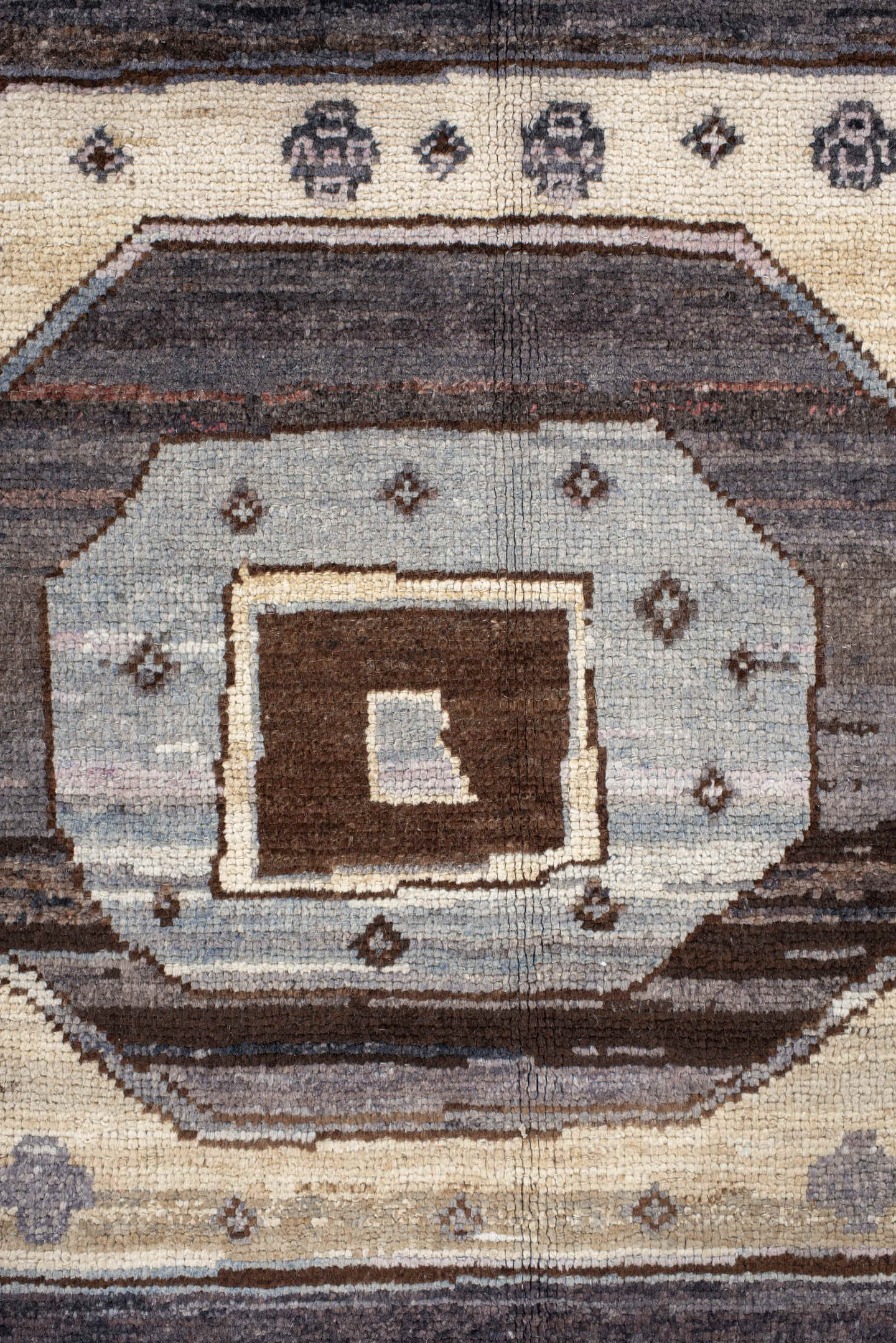 10' x 13' one-of-a-kind handmade vintage Kars large size rug. Color palette: ivory, charcoal, taupe, brown, slate, camel
