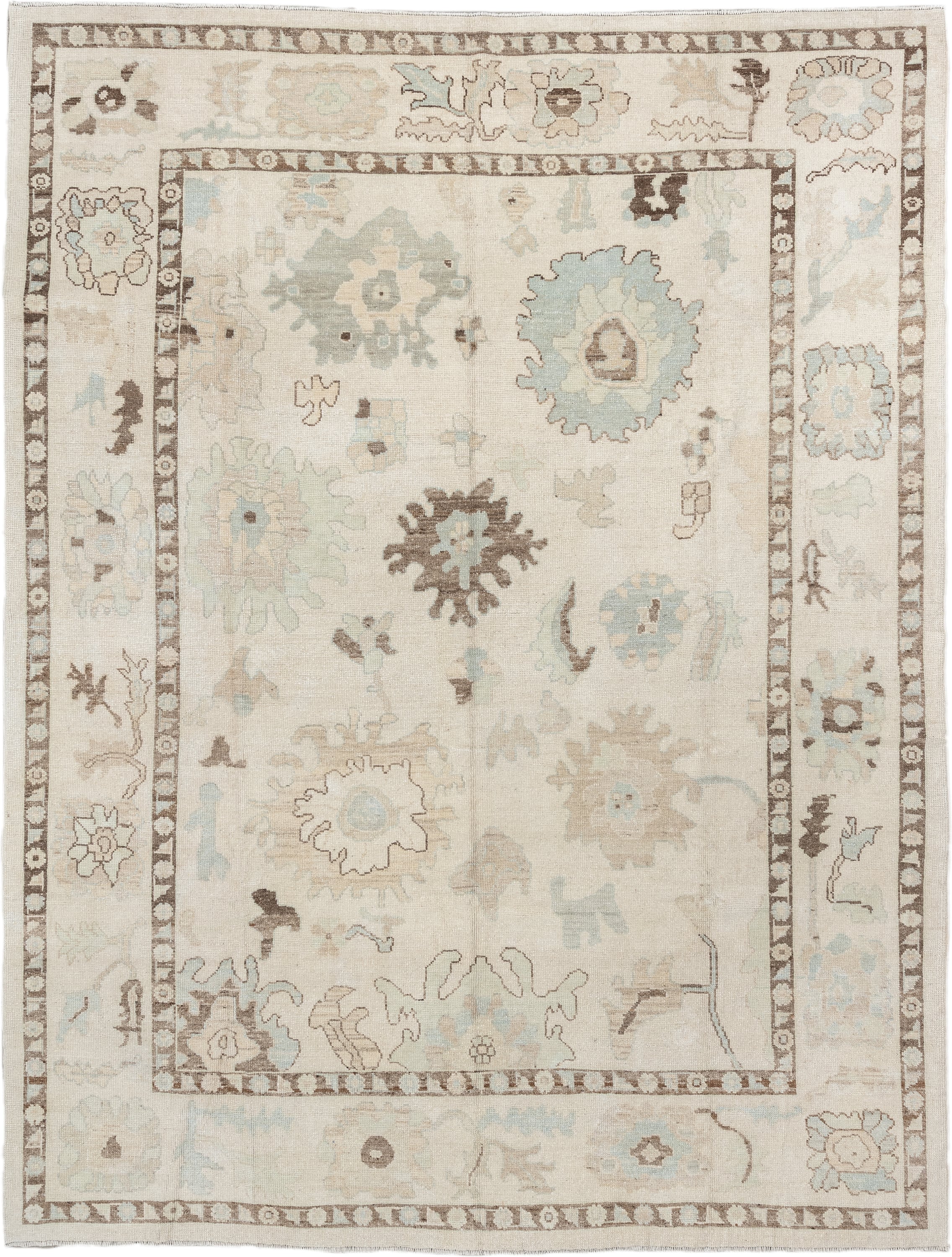 9' x 12' one-of-a-kind handmade vintage Oushak large size rug. Color palette: ivory, cream, taupe, sky_blue, brown, beige