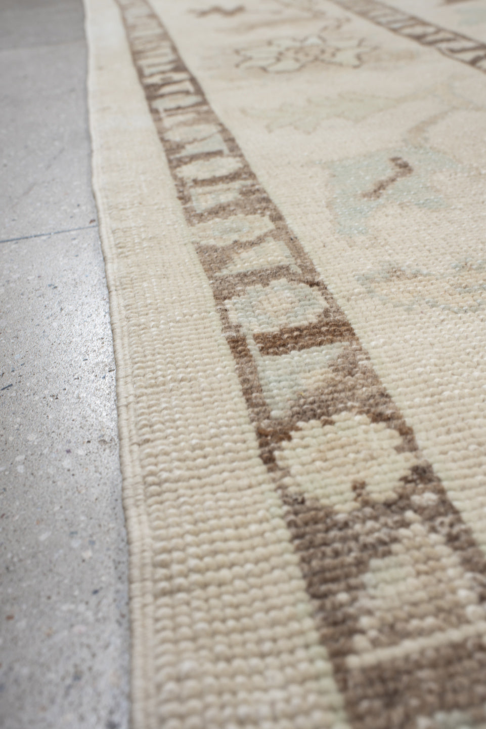9' x 12' one-of-a-kind handmade vintage Oushak large size rug. Color palette: ivory, cream, taupe, sky_blue, brown, beige