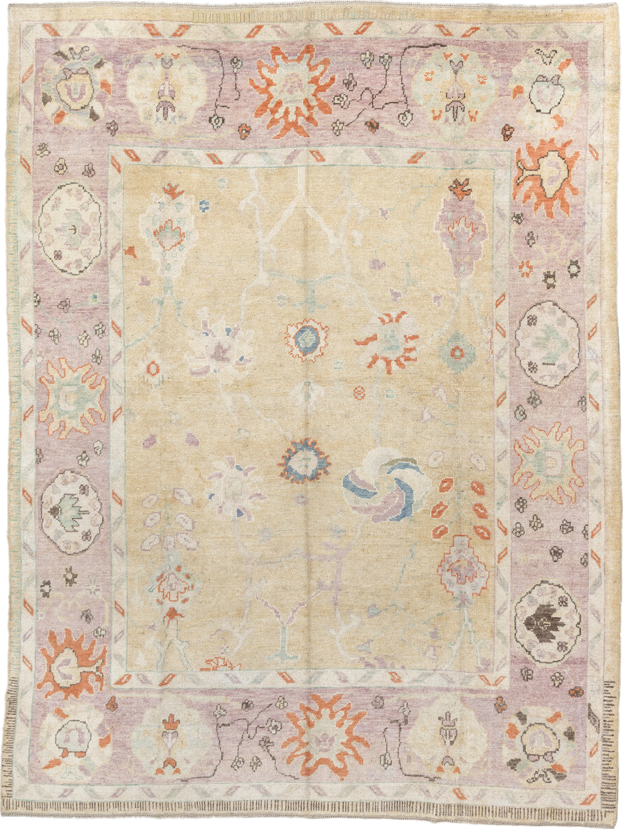 9' x 11' one-of-a-kind handmade vintage Oushak large size rug. Color palette: antiquewhite, brown, gray, light gray, linen