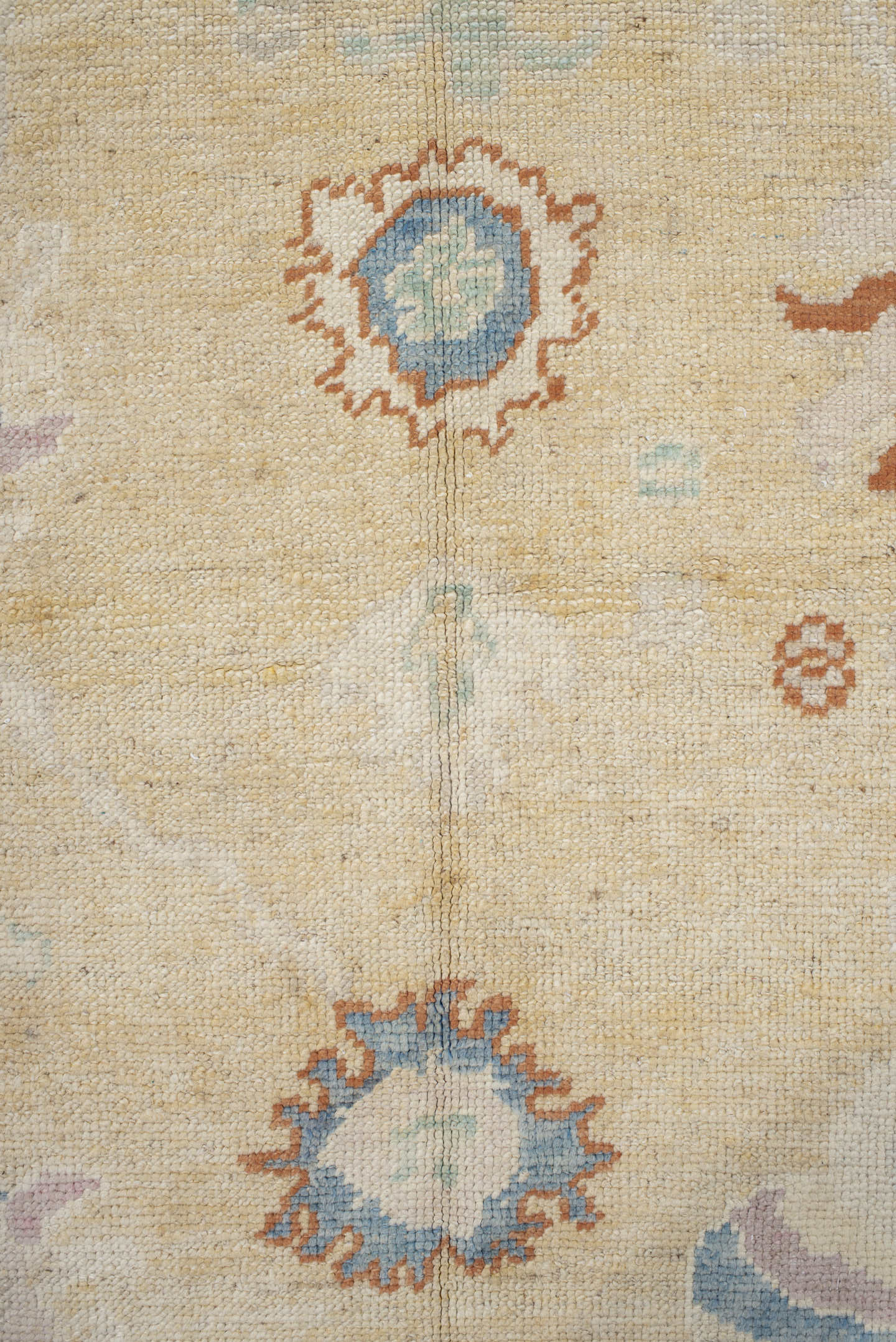 9' x 11' one-of-a-kind handmade vintage Oushak large size rug. Color palette: ivory, lavender, peach, pale gold, sky blue