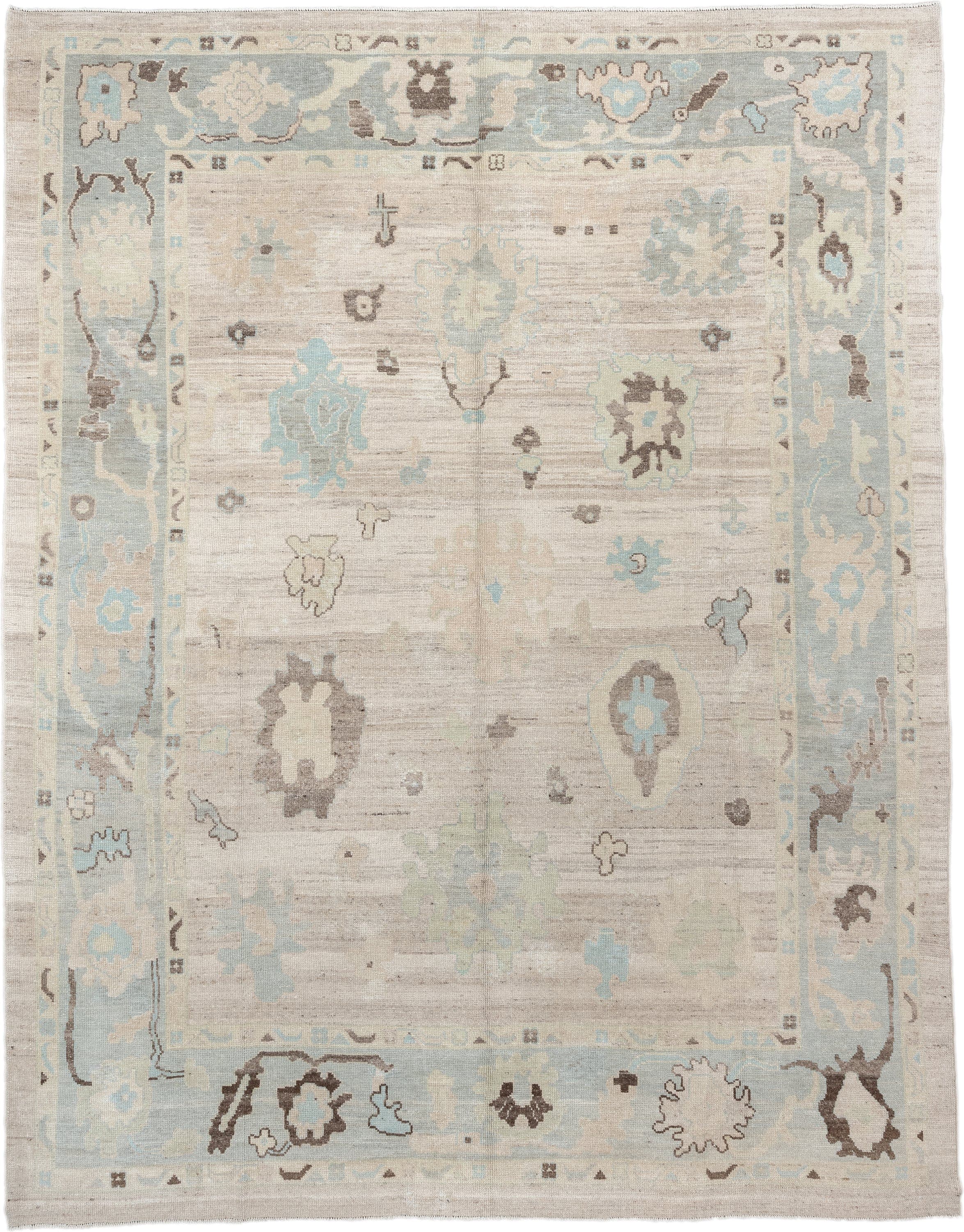 10' x 12' one-of-a-kind handmade vintage Oushak large size rug. Color palette: beige, powder_blue, ivory, taupe, brown