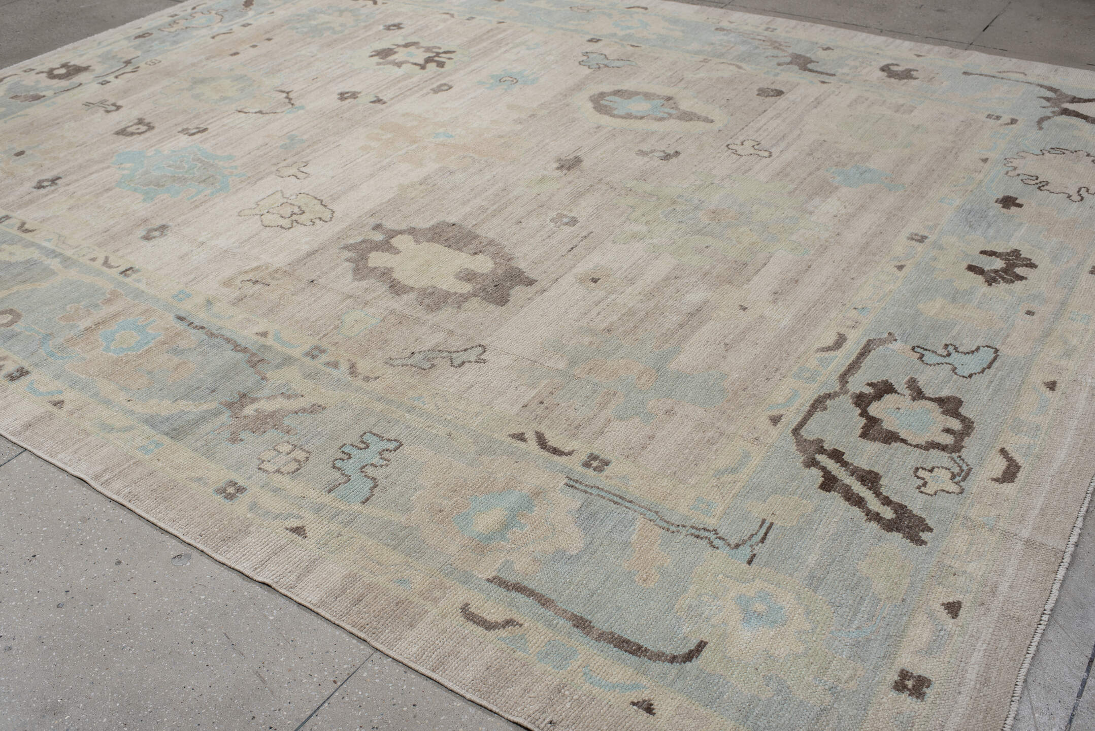 10' x 12' one-of-a-kind handmade vintage Oushak large size rug. Color palette: beige, powder_blue, ivory, taupe, brown