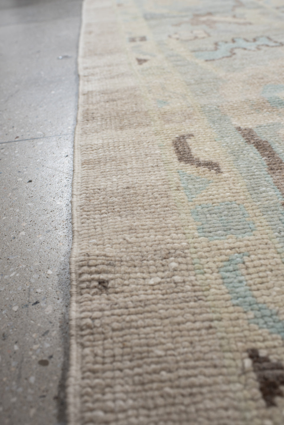10' x 12' one-of-a-kind handmade vintage Oushak large size rug. Color palette: beige, powder_blue, ivory, taupe, brown