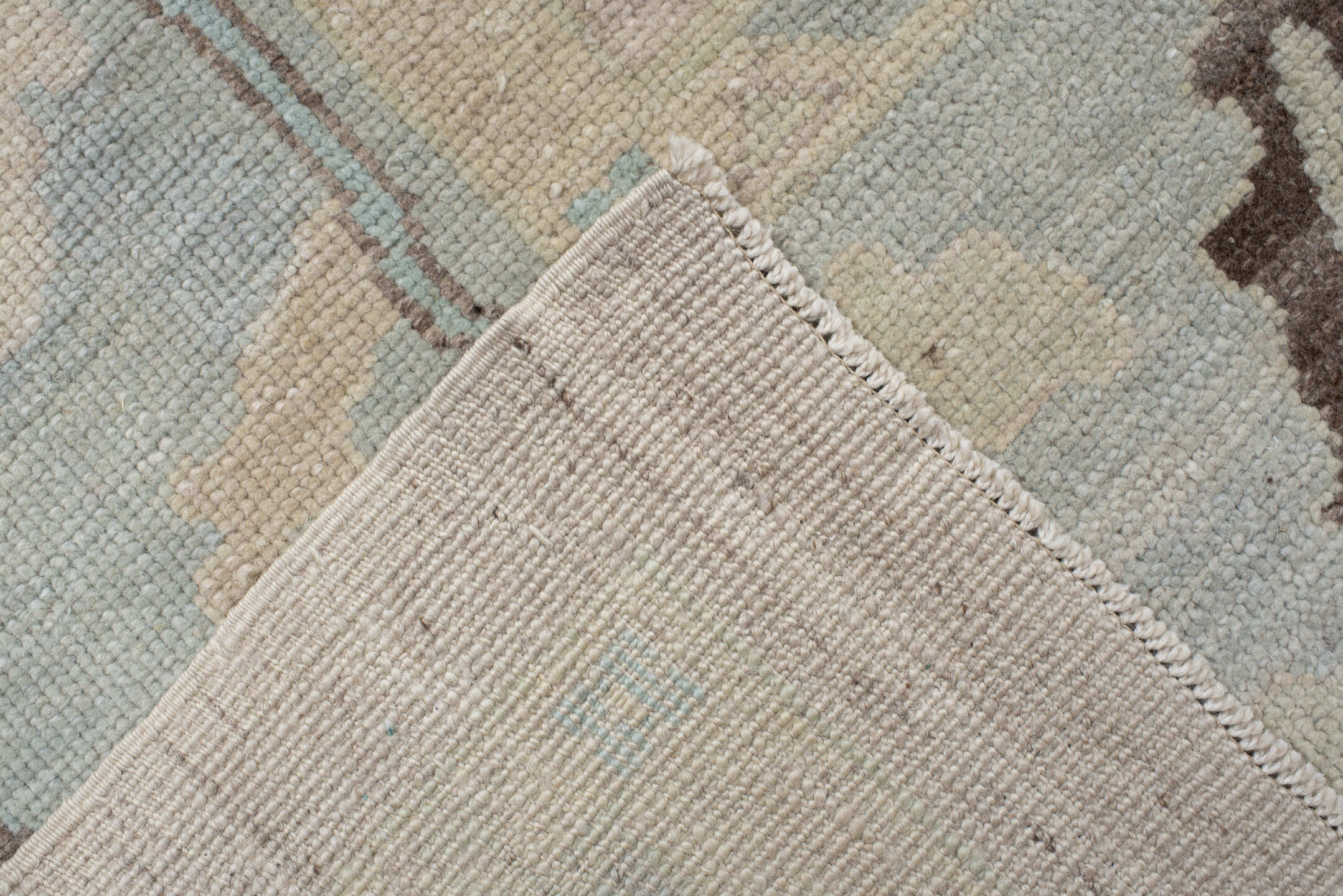 10' x 12' one-of-a-kind handmade vintage Oushak large size rug. Color palette: beige, powder_blue, ivory, taupe, brown