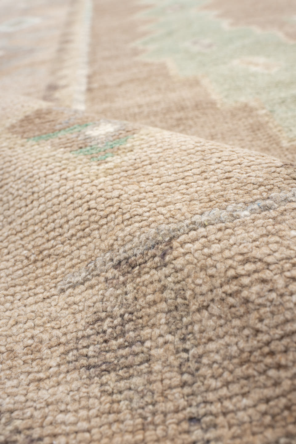 9' x 12' one-of-a-kind handmade vintage Oushak large size rug. Color palette: taupe, ivory, aqua, beige, sand, pale blue