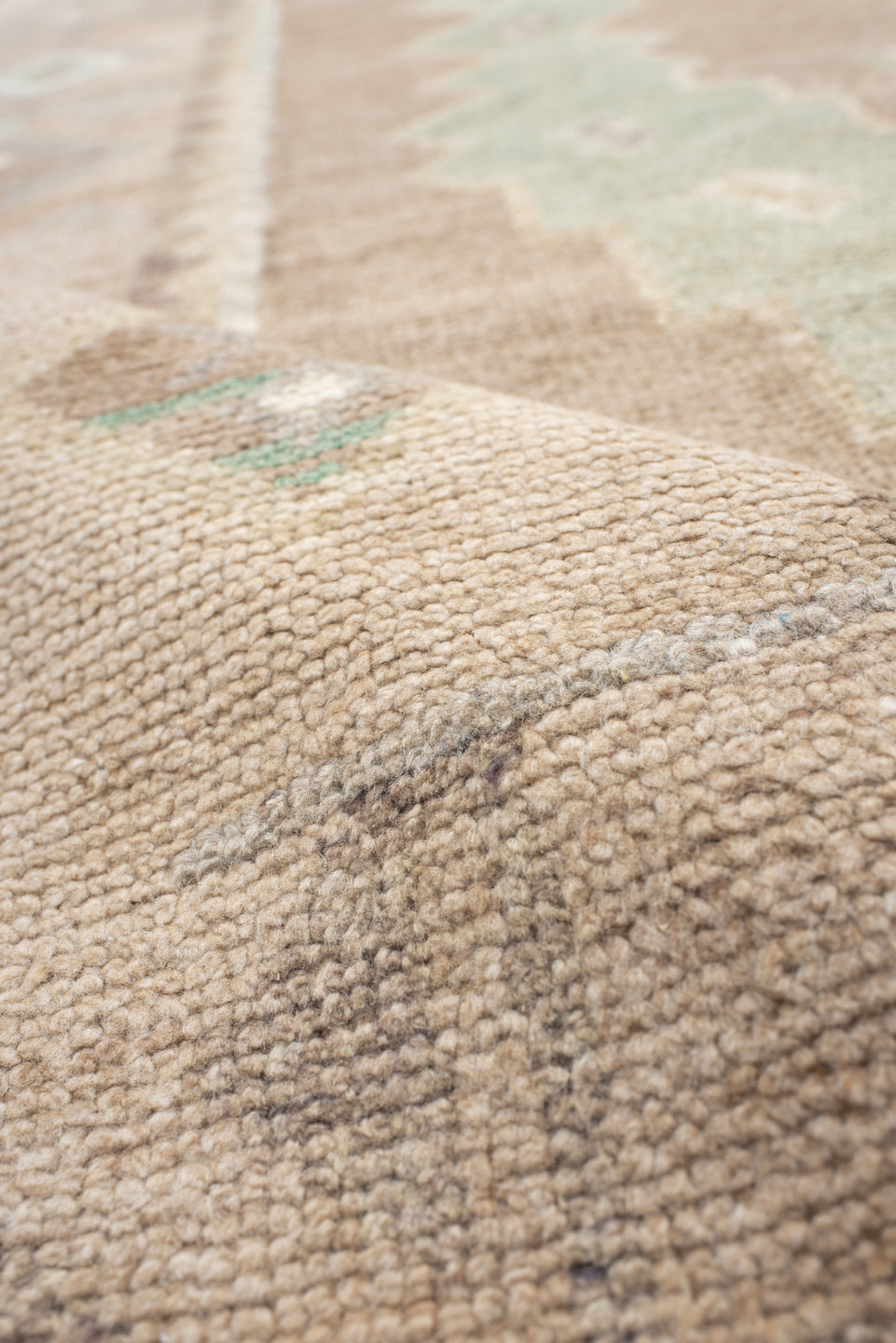 9' x 12' one-of-a-kind handmade vintage Oushak large size rug. Color palette: taupe, ivory, aqua, beige, sand, pale blue