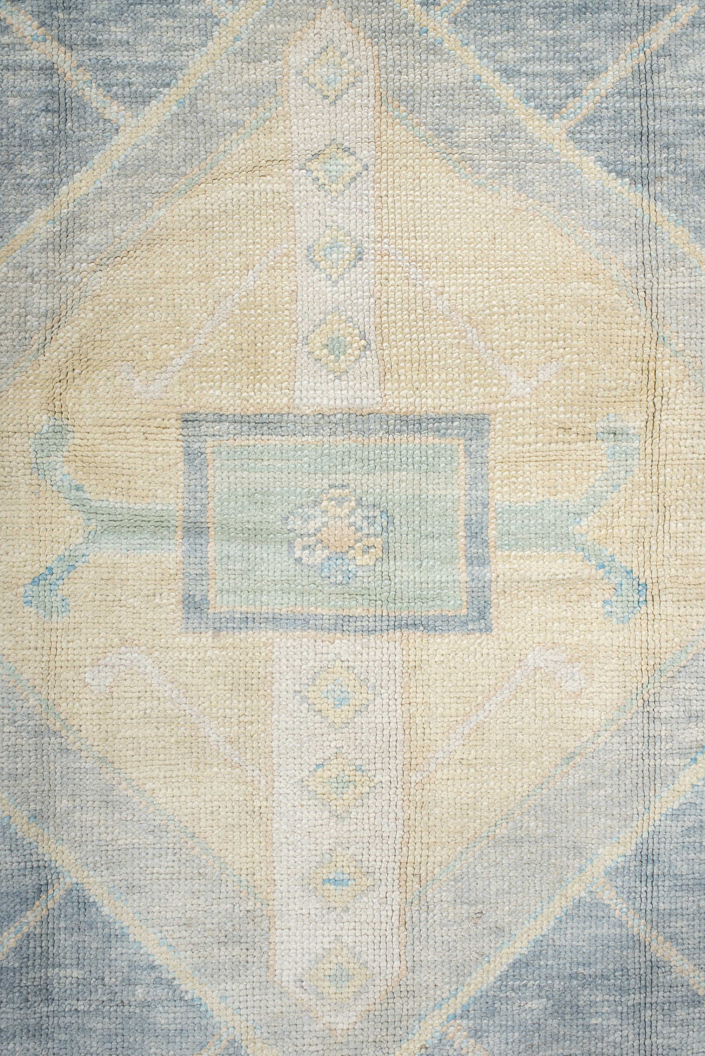 8' x 10' one-of-a-kind handmade vintage Oushak large size rug. Color palette: pale blue, ivory, cream, taupe, beige