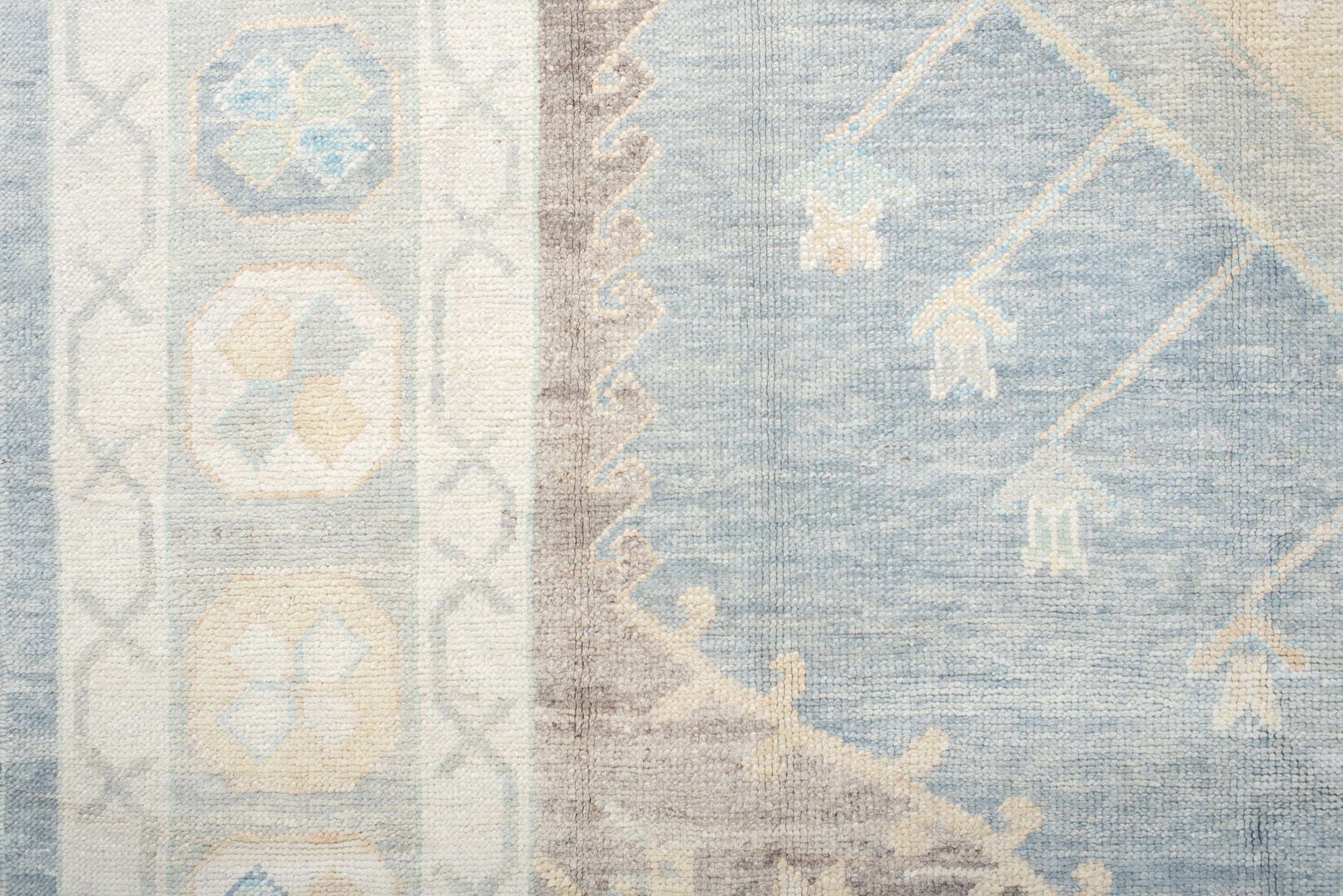 8' x 10' one-of-a-kind handmade vintage Oushak large size rug. Color palette: pale blue, ivory, cream, taupe, beige