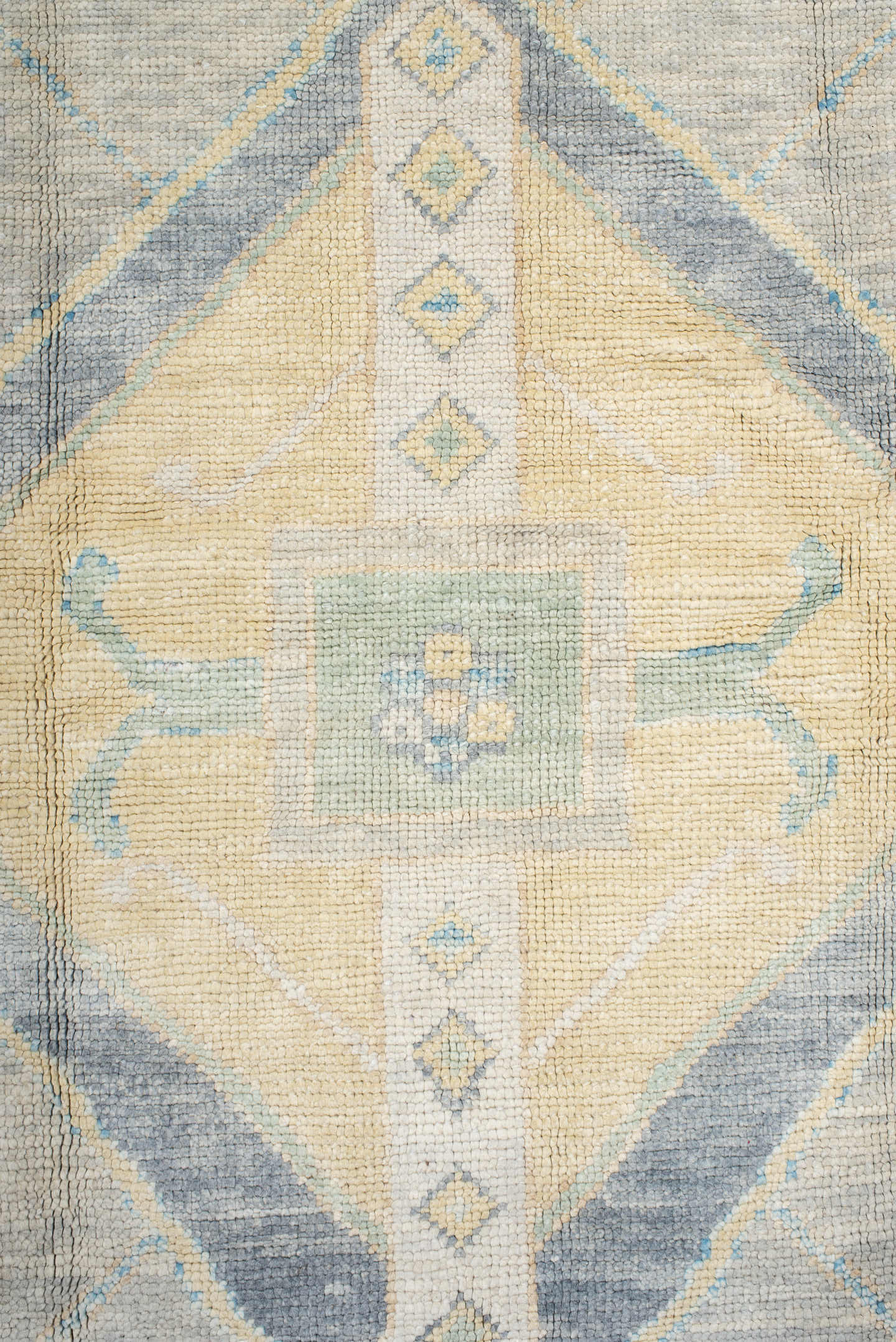 8' x 10' one-of-a-kind handmade vintage Oushak large size rug. Color palette: ivory, pale blue, taupe, sage, cream, beige