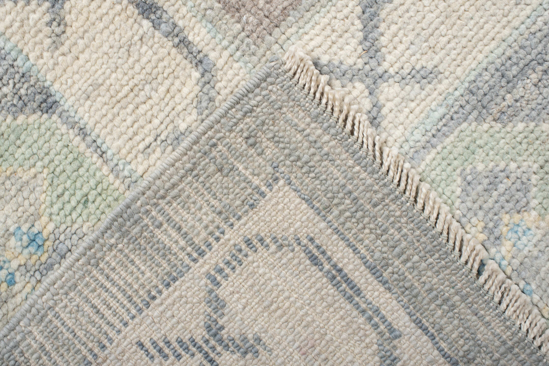 8' x 10' one-of-a-kind handmade vintage Oushak large size rug. Color palette: ivory, pale blue, taupe, sage, cream, beige