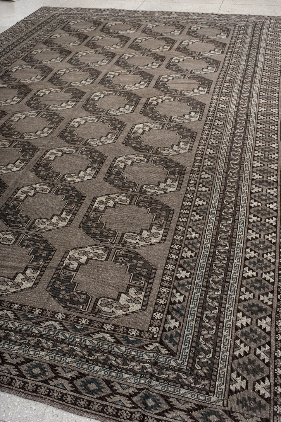 9' x 14' one-of-a-kind handmade vintage Afghan large size rug. Color palette: taupe, charcoal, ivory, brown, slate, beige