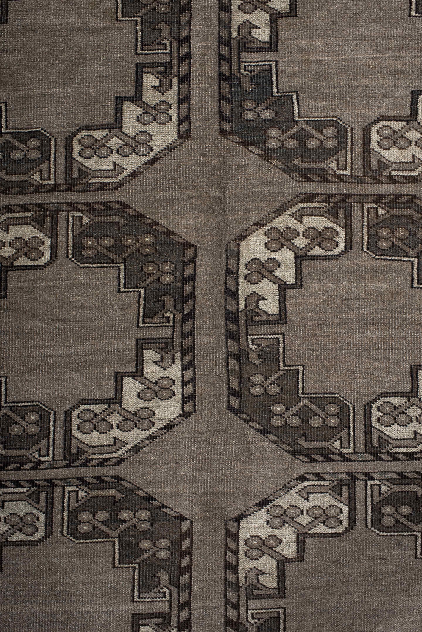 9' x 14' one-of-a-kind handmade vintage Afghan large size rug. Color palette: taupe, charcoal, ivory, brown, slate, beige