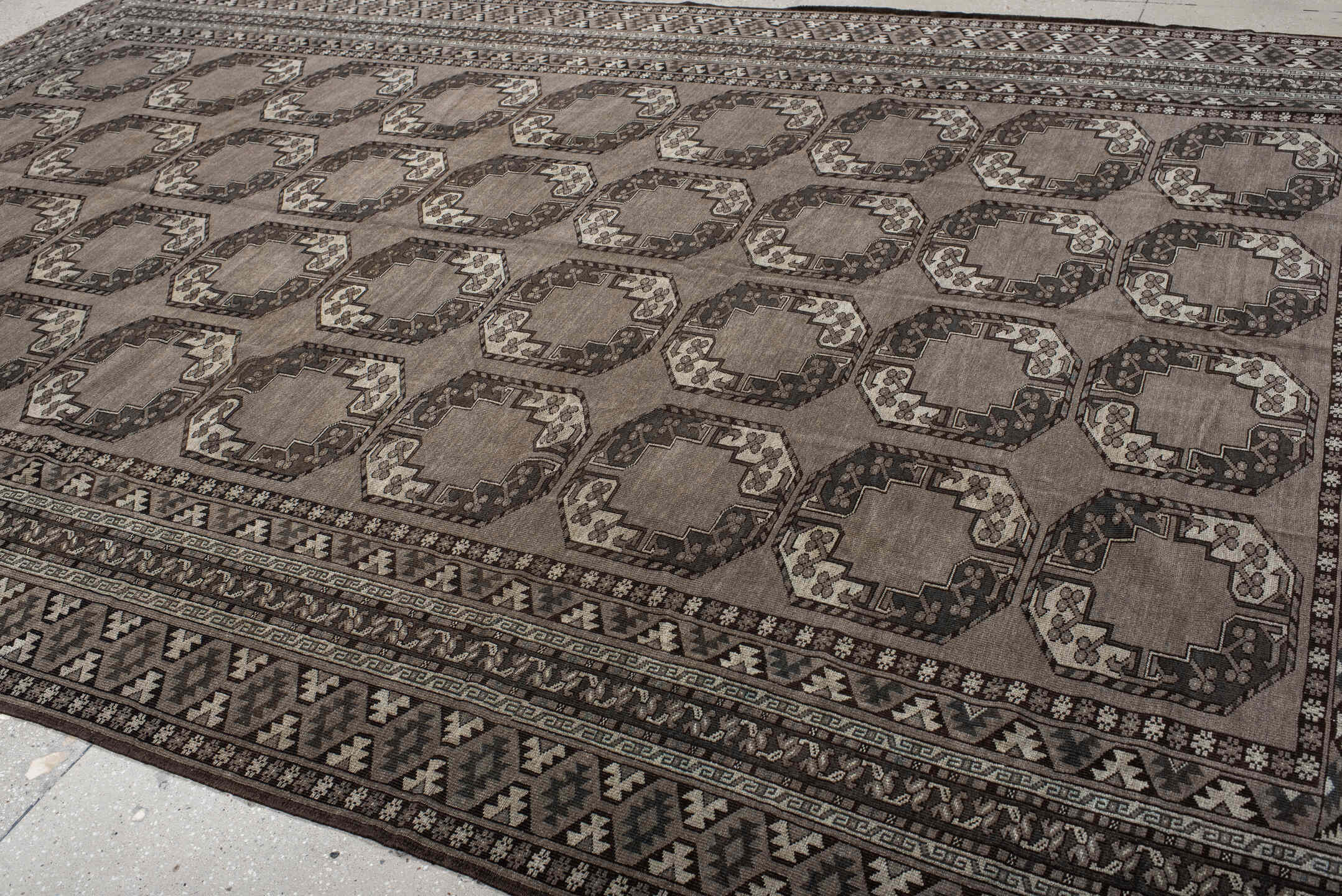 9' x 14' one-of-a-kind handmade vintage Afghan large size rug. Color palette: taupe, charcoal, ivory, brown, slate, beige