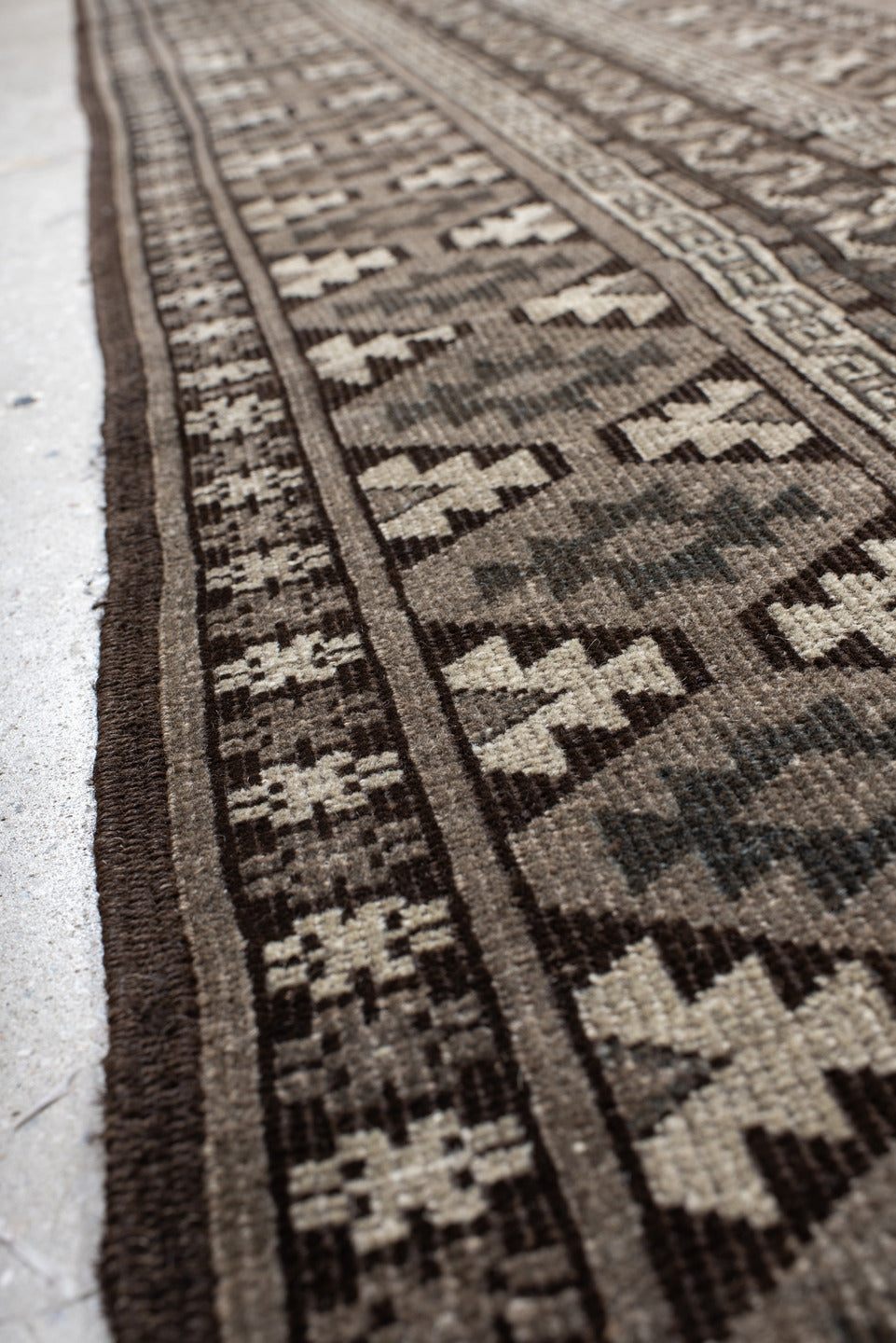 9' x 14' one-of-a-kind handmade vintage Afghan large size rug. Color palette: taupe, charcoal, ivory, brown, slate, beige