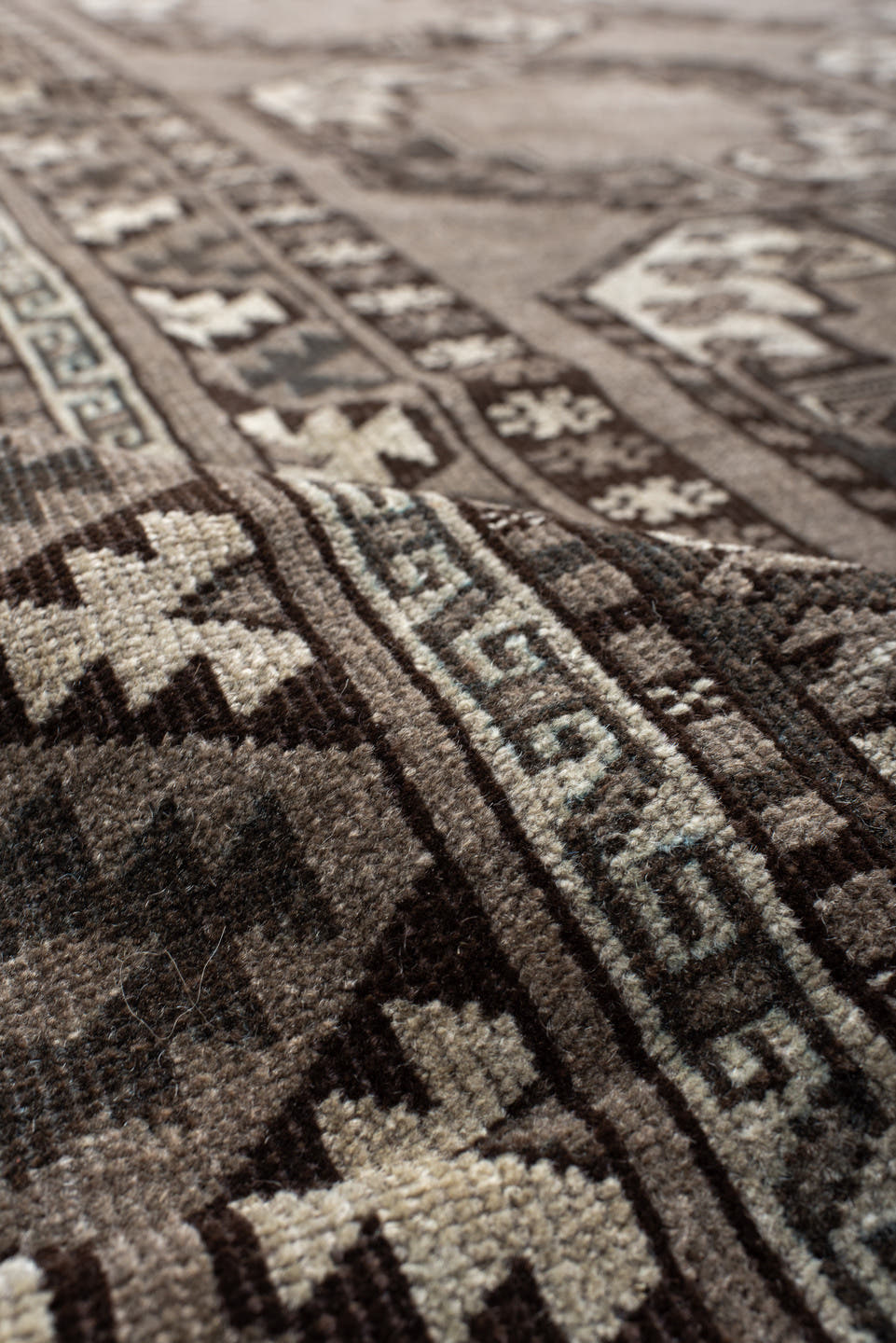 9' x 14' one-of-a-kind handmade vintage Afghan large size rug. Color palette: taupe, charcoal, ivory, brown, slate, beige