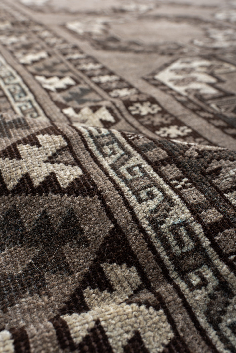 9' x 14' one-of-a-kind handmade vintage Afghan large size rug. Color palette: taupe, charcoal, ivory, brown, slate, beige