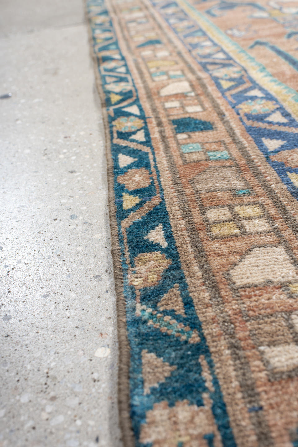 3' x 9' one-of-a-kind handmade vintage Lilian runner rug. Color palette: rose, teal, ivory, navy, camel, sage, taupe, pink