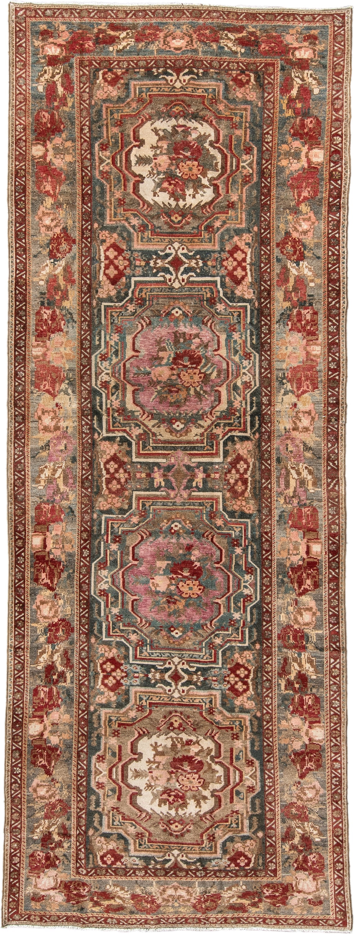 4' x 11' one-of-a-kind handmade vintage Baktiary runner rug. Color palette: ivory, rose, rust, slate, burgundy, taupe, sage