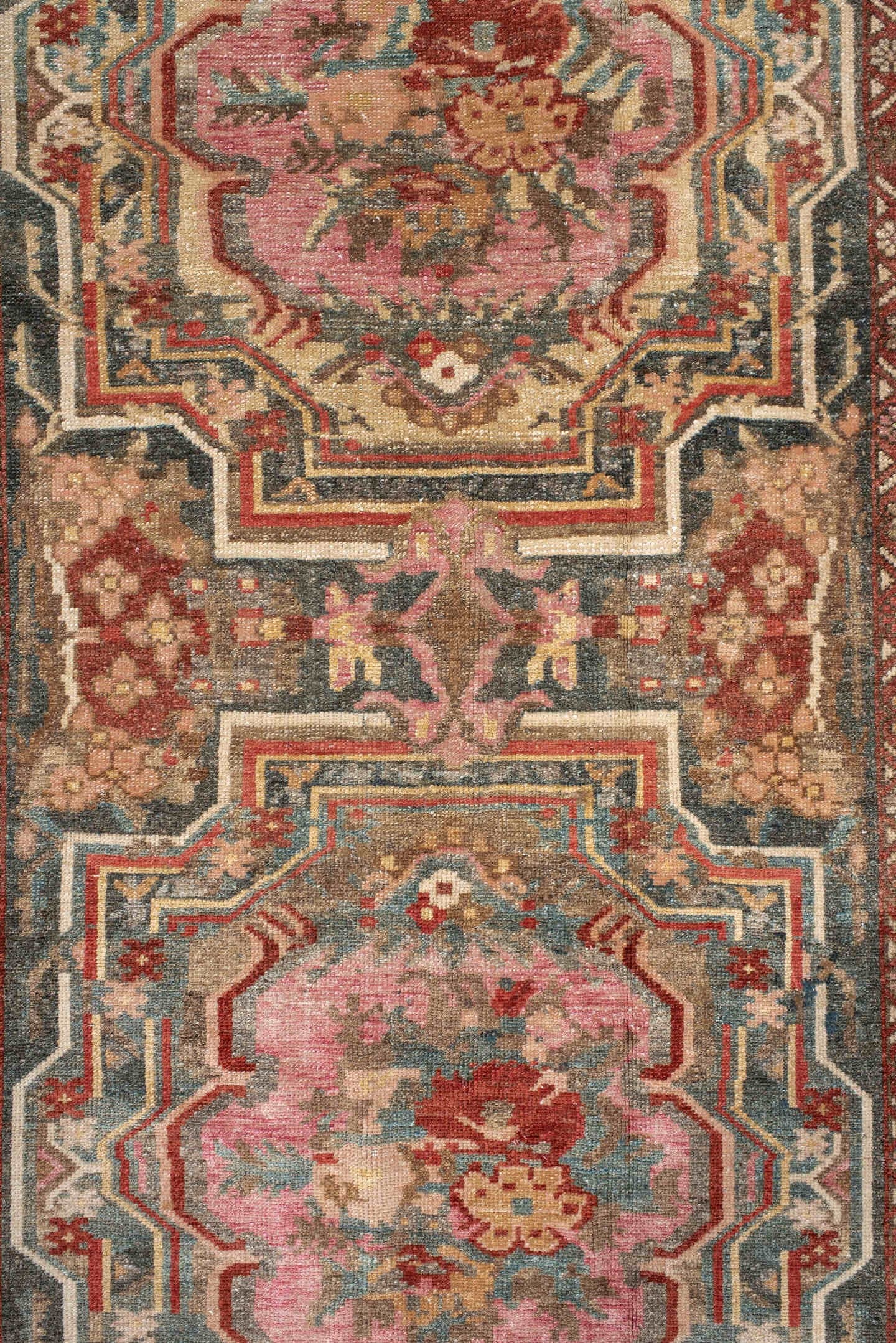 4' x 11' one-of-a-kind handmade vintage Baktiary runner rug. Color palette: ivory, rose, rust, slate, burgundy, taupe, sage