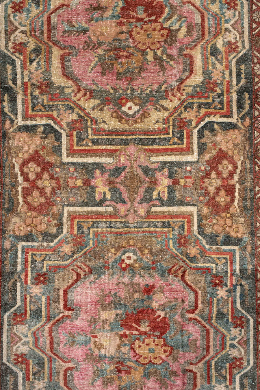 4' x 11' one-of-a-kind handmade vintage Baktiary runner rug. Color palette: ivory, rose, rust, slate, burgundy, taupe, sage