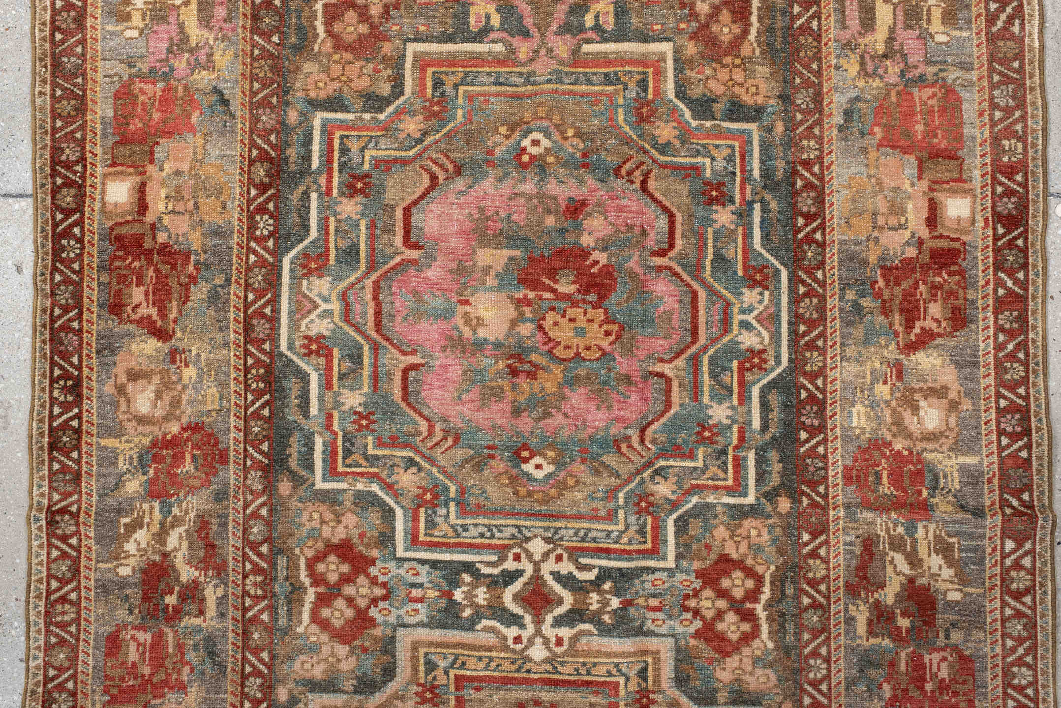4' x 11' one-of-a-kind handmade vintage Baktiary runner rug. Color palette: ivory, rose, rust, slate, burgundy, taupe, sage