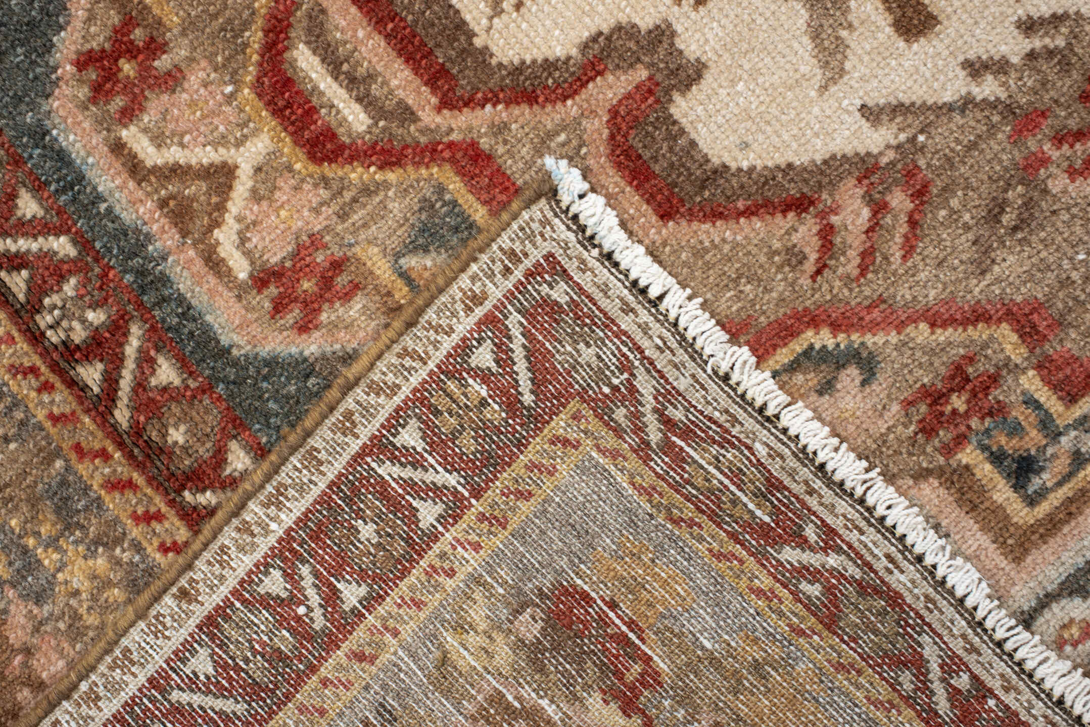 4' x 11' one-of-a-kind handmade vintage Baktiary runner rug. Color palette: ivory, rose, rust, slate, burgundy, taupe, sage